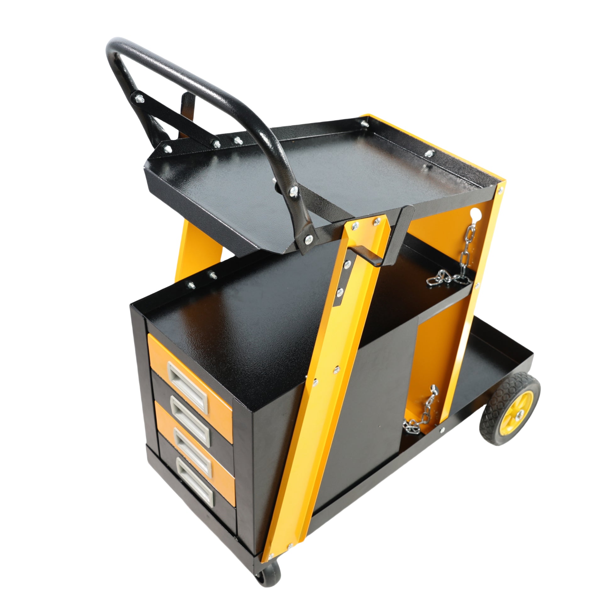 Multi Function Welder Trolley, Mig Tig Arc Plasma Cutter Storage Tank With 2 Safety Chains, Portable 4 Drawer Chest, Weight 280 Lbs Yellow Black Iron