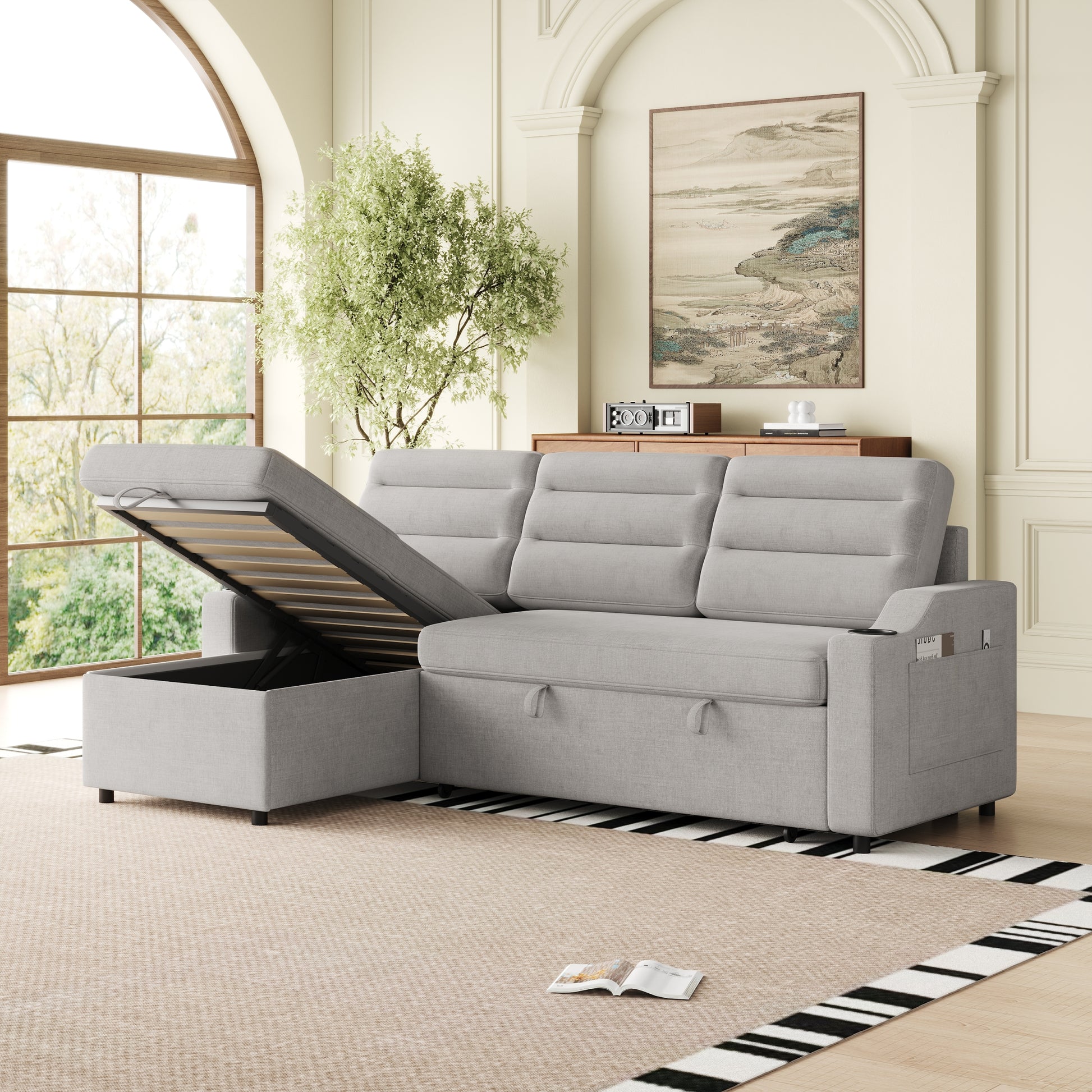 Mh83.5" Convertible Sleeper Combo Sofa, Convertible Sofa Bed Polyester Pullout Bed With Storage Recliner And Cup Holder For Living Room, Tight Spaces Light Grey Polyester Primary Living Space Pine Foam Fabric 3 Seat