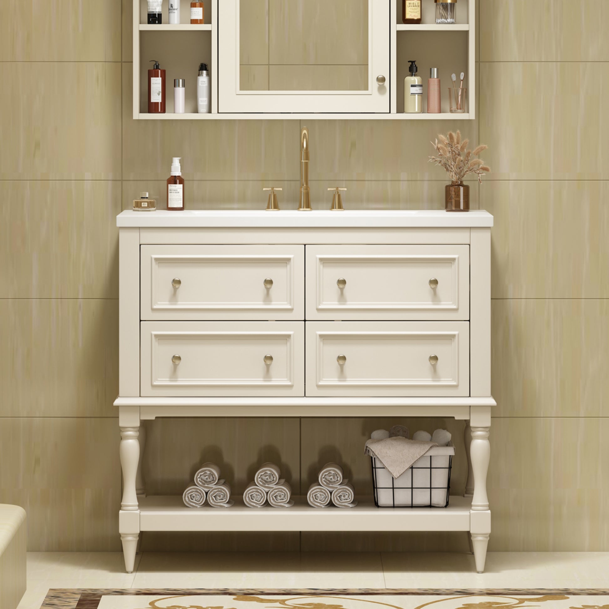 36" Bathroom Vanity Cabinet With Sink Combo Set, Undermount Resin Sink, Free Standing Vanity Set With 4 Drawers, Solid Wood Frame Bathroom Cabinet, Beige 4 Beige 1 Adjustable Hinges Bathroom Freestanding Solid Wood Mdf Resin Painted