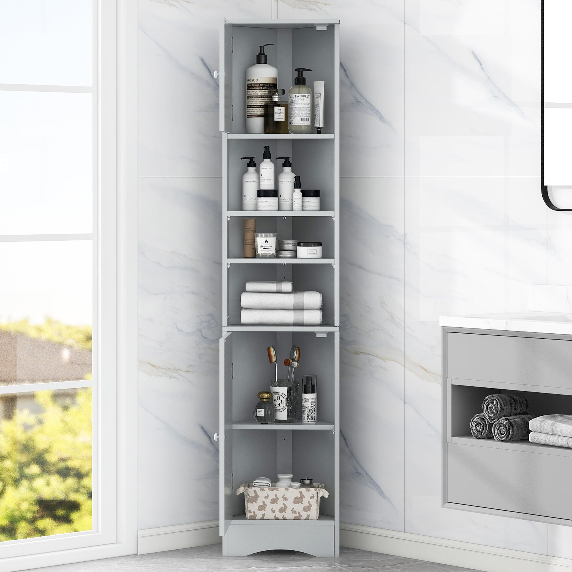 Multi Functional Corner Cabinet Tall Bathroom Storage Cabinet With Two Doors And Adjustable Shelves, Open Shelf, Grey Grey Mdf