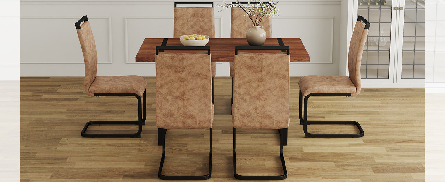 Table And Chair Set. A Minimalist Retro Rectangular Dining Table With A Specially Textured Top And Black Metal Legs, Paired With 6 Soft Chairs And Black Metal Legs, Showcases A Beautiful Home Style.