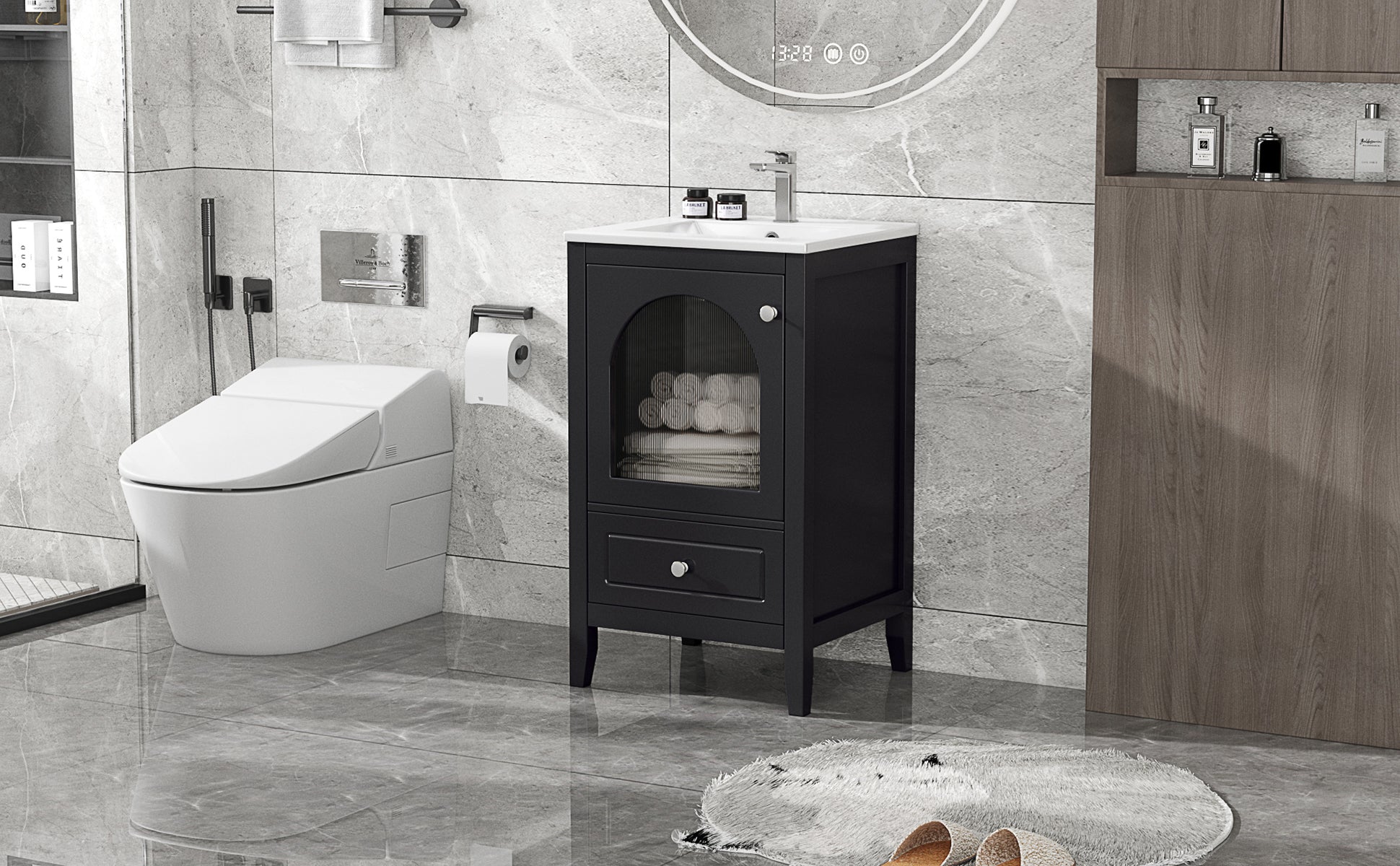 20" Bathroom Vanity With Sink, Bathroom Cabinet With Soft Closing Glass Door, A Drawer, Black Black Mdf