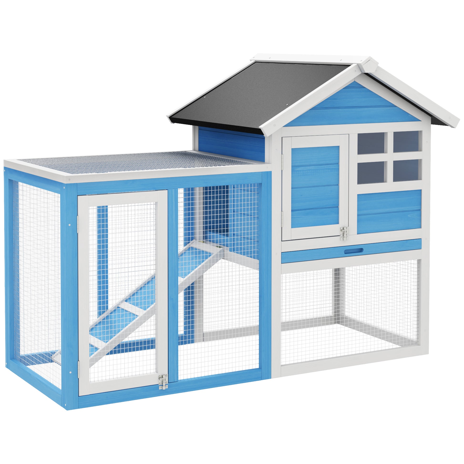 Pawhut 48" Wooden Rabbit Hutch Bunny Cage With Waterproof Asphalt Roof, Fun Outdoor Run, Removable Tray And Ramp, Light Blue Blue Wood