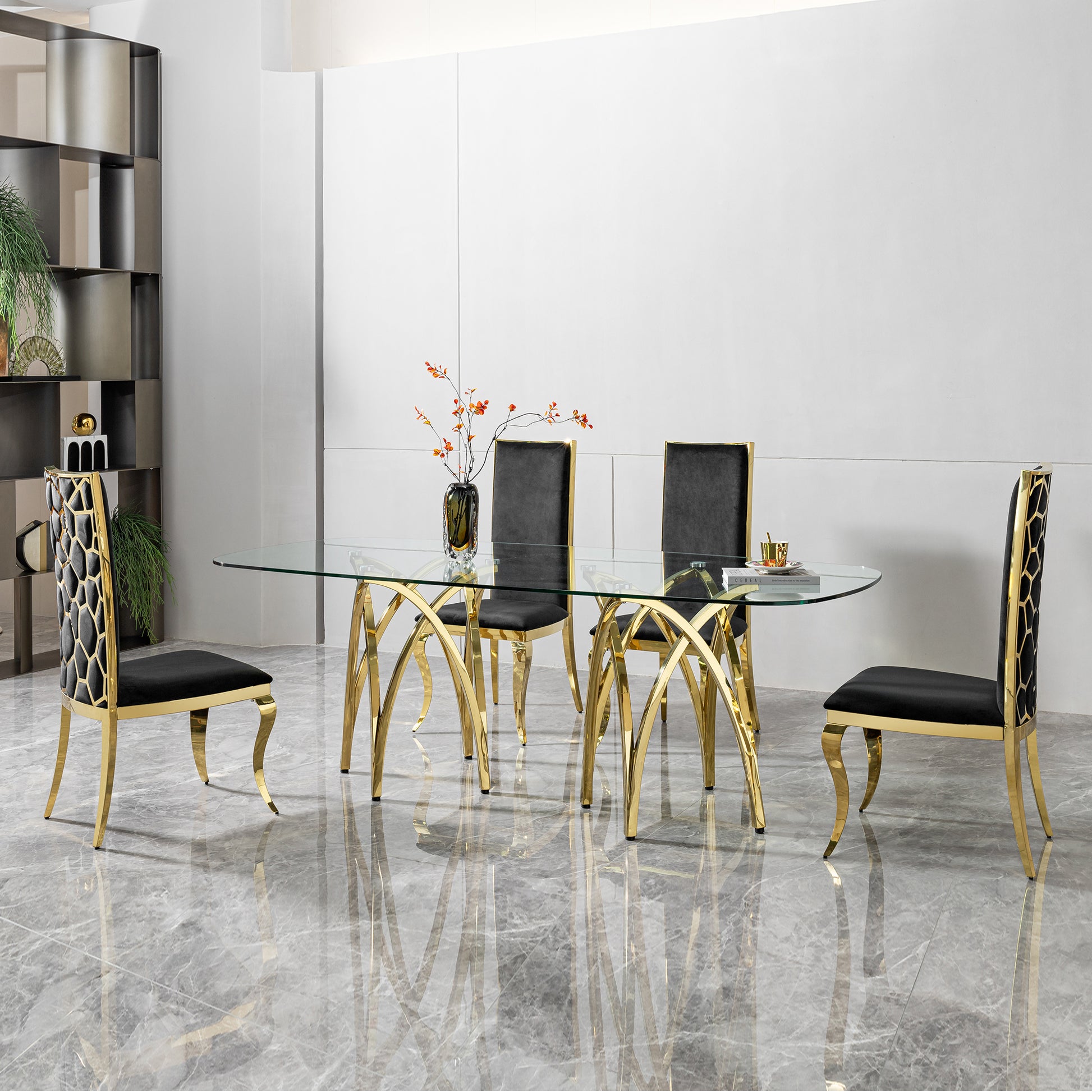 0.47" Thick Tempered Clear Glass Rectangular Big Dining Table With Gold Stainless Steel Base 86.61" L X 39.37" W X 29.92" H Gold Seats 8 Dining Room Modern Kitchen & Dining Tables Polished Oval Stainless Steel