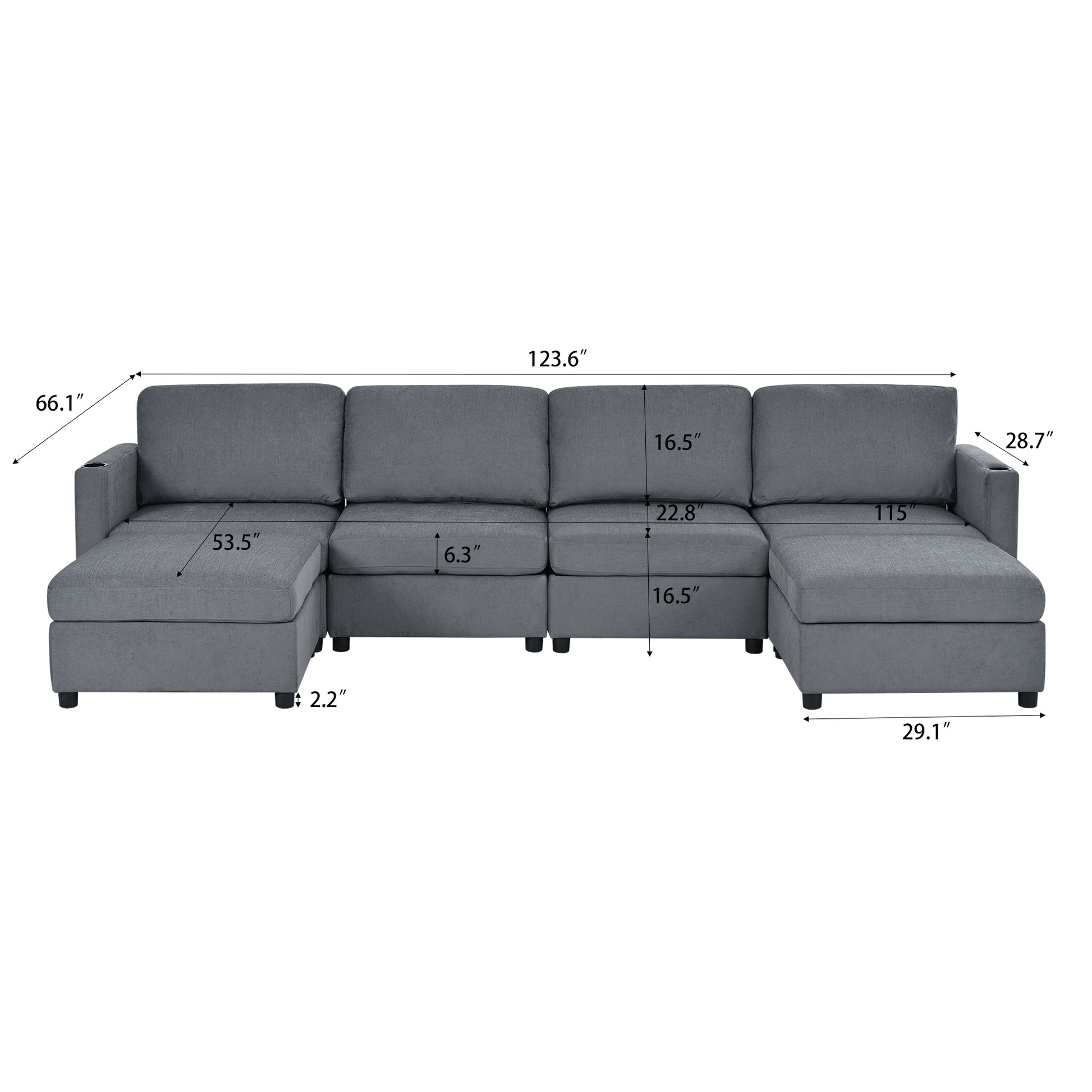Modern Large Sectional Sofa, U Shape Modular Sectional Couch With Storage Function,123" Sofa Bed With Ottoman,6 Seat Sectionals Chaise For Living Room,Chenille Grey Fabric 6 Seat