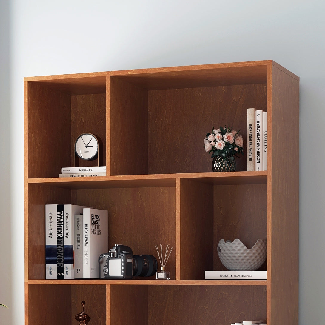 67" Bookcase With Doors, 3 Tier Bookshelf, Honey Honey Vertical Primary Living Space Closed Back Wood With Doors Mdf