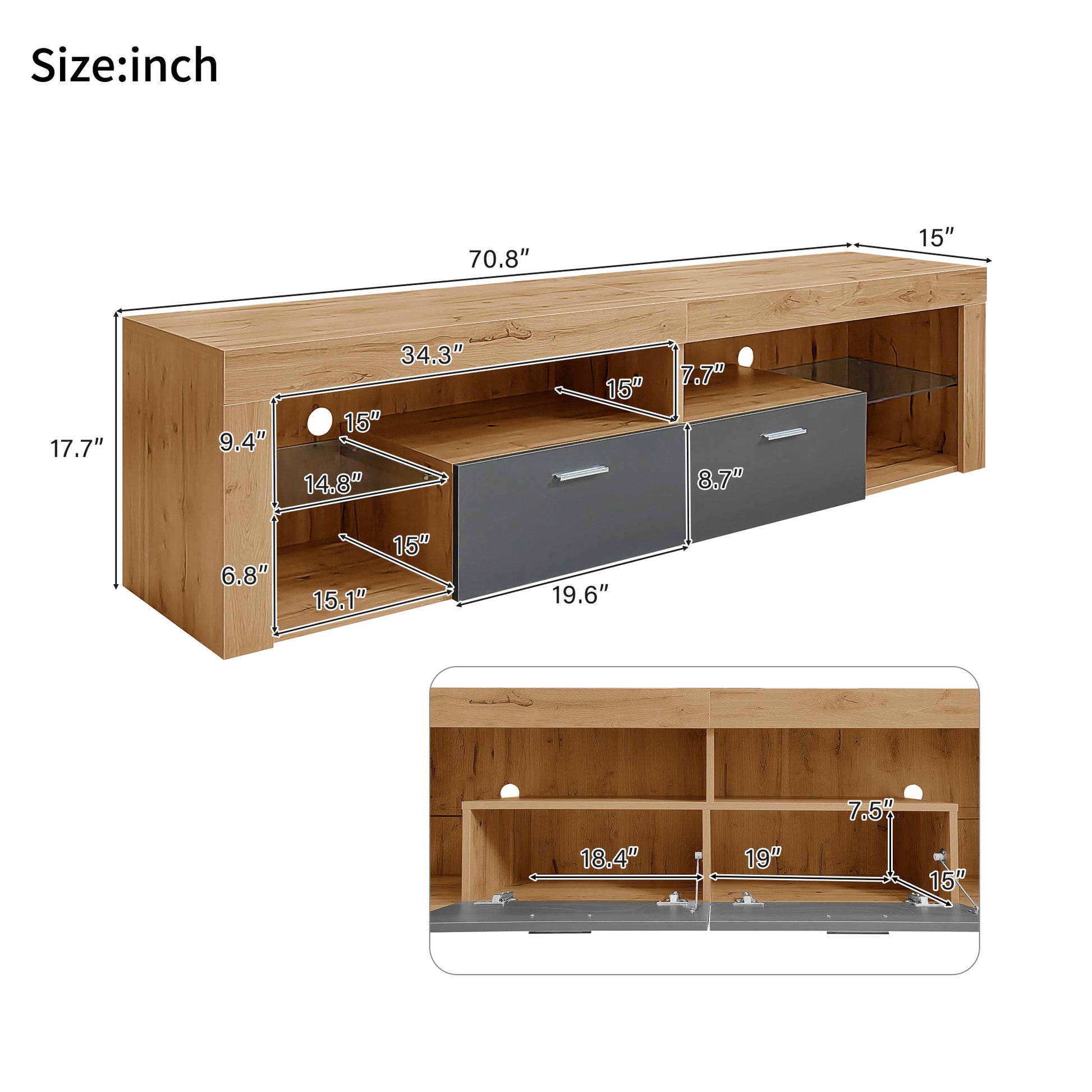 Modern Design Tv Stands For Tvs Up To 80'', Led Light Entertainment Center, Media Console With 6 Storage Cabinets, Tv Cabinet For Living Room, Bedroom, Home Theatre Black,Wood Brown Primary Living Space 70 79 Inches 70 79 Inches Modern 75 Inches Particle