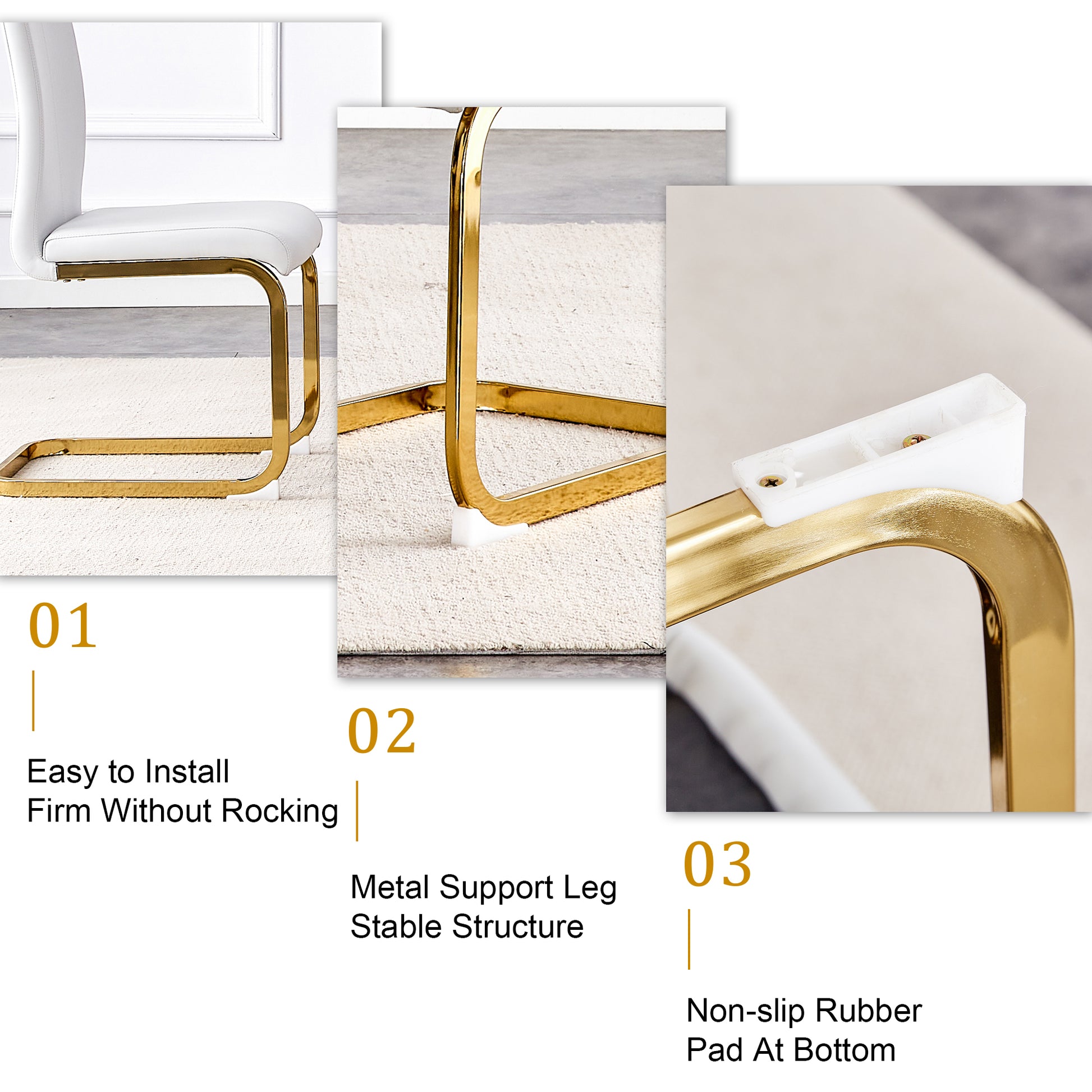 Table And Chair Set, Rock Plate Table Top, Gold Metal Table Legs, Stable And Beautiful, Suitable For Most Home Styles. Modern Simple Dining Table, Comfortable Seating. White Gold Seats 4 Sintered Stone