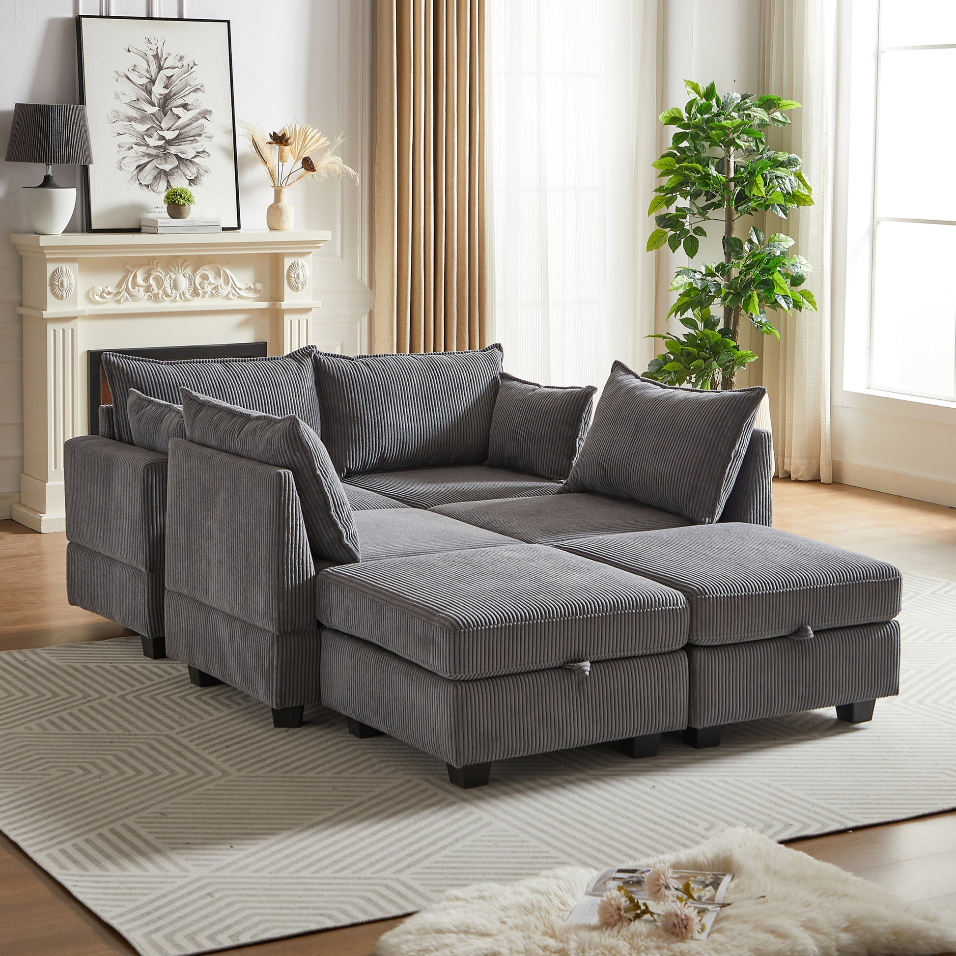 113.5'' Modular Sectiona Corduroy Sofa, Sectional Couches For Living Room U Shaped Sectional Couch With Storage Ottoman, 6 Seats Convertible Sectionals With Chaise Dark Gray Corduroy 6 Seat