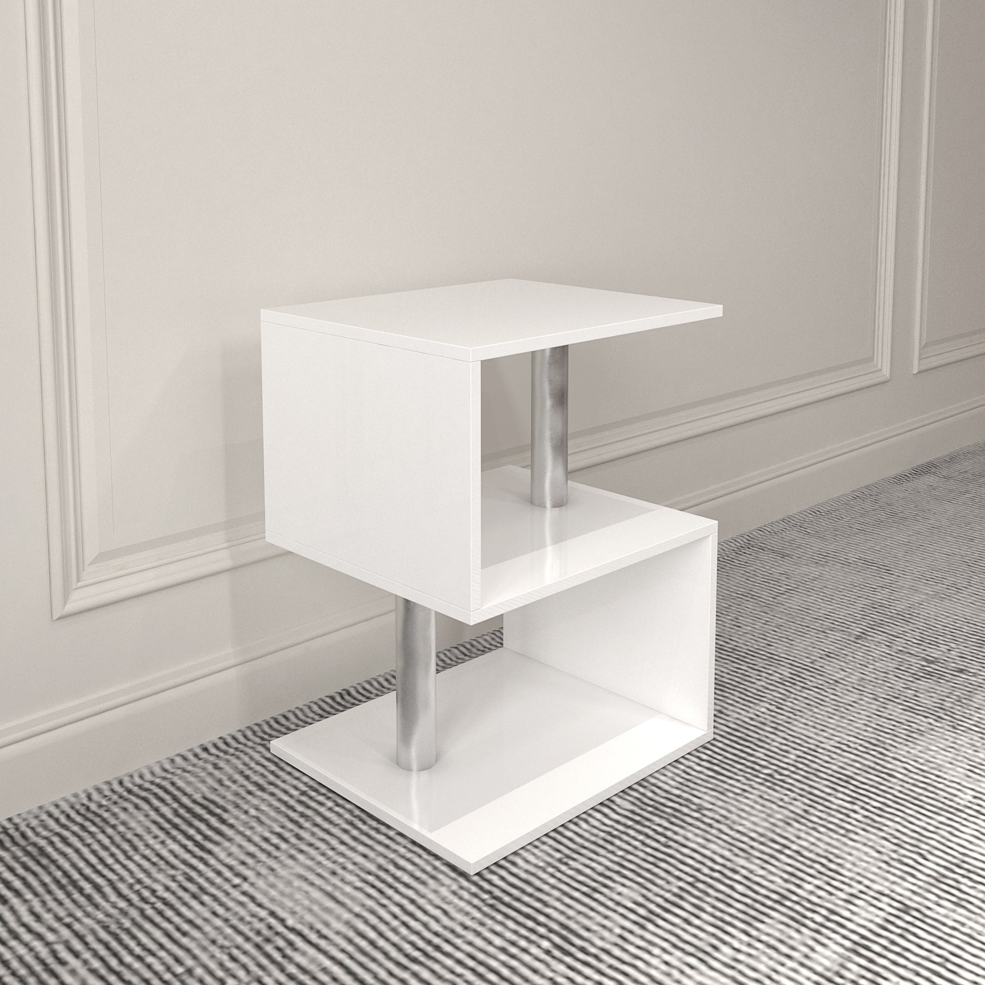 3 Tier S Shaped End Table,High Gloss Side Table With Open Storage Shelf And Usb Power Supply,White Led Coffee Table For Living Room,Bedroom. White Particle Board