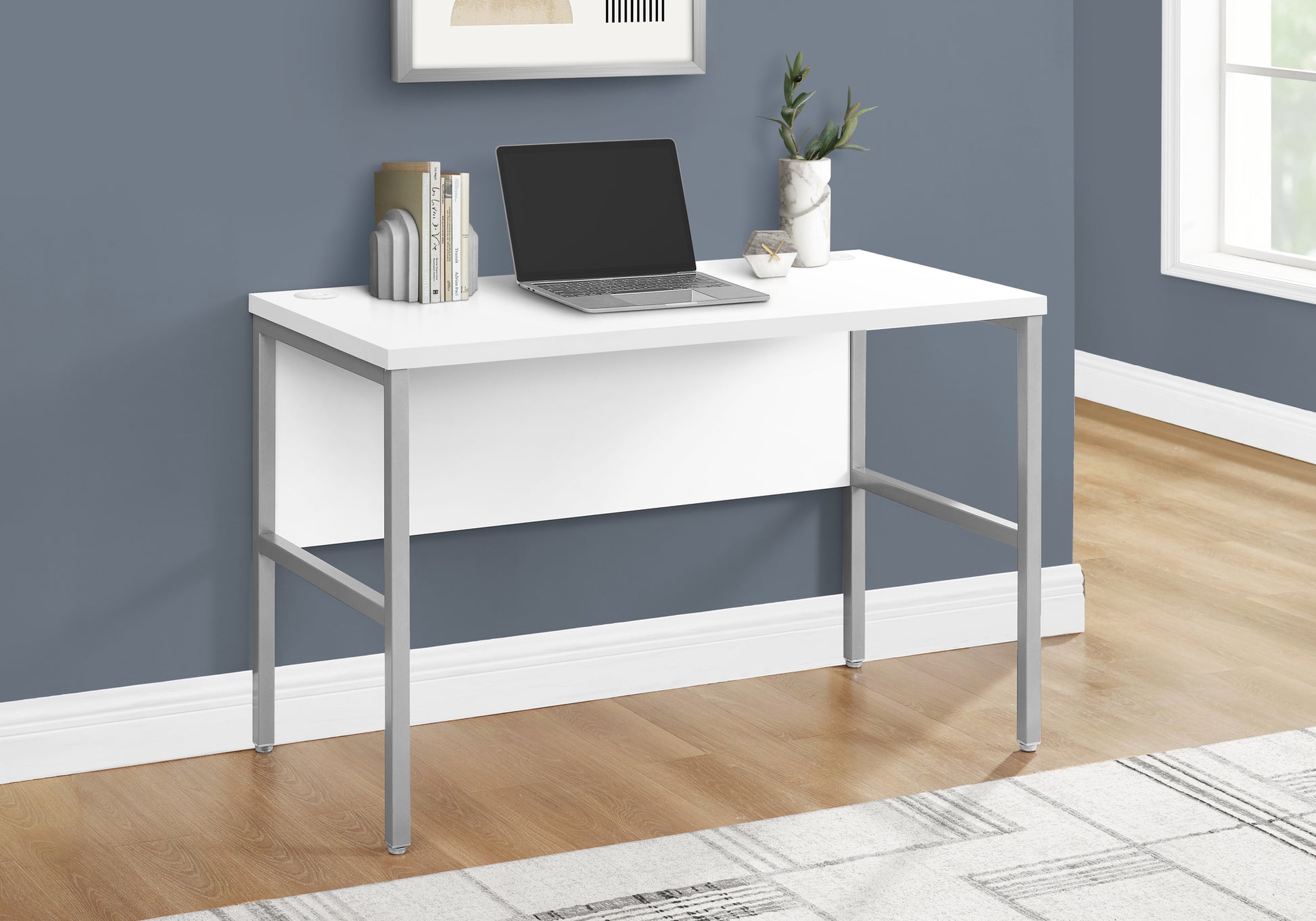 Computer Desk, 48"L, Work, Home Office, Commercial Grade, White Laminate, Silver Metal, Contemporary, Modern White Particle Board