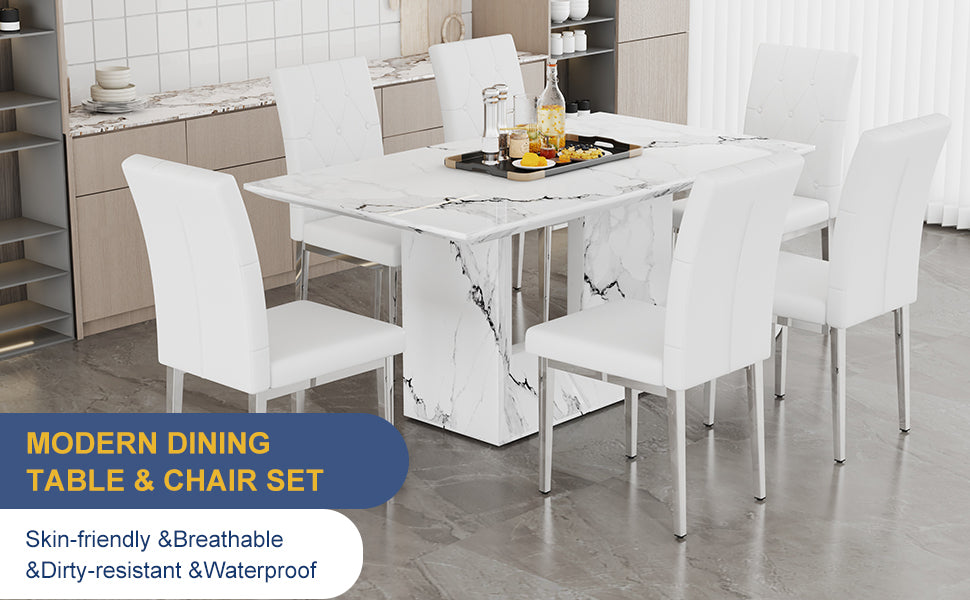 Table And Chair Set.63"X35.4" White Marble Patterned Mdf Dining Table Set With 6 Armless White Pu Chairs.Showcasing A Modern And Stylish Look. White Seats 6 Mdf Metal