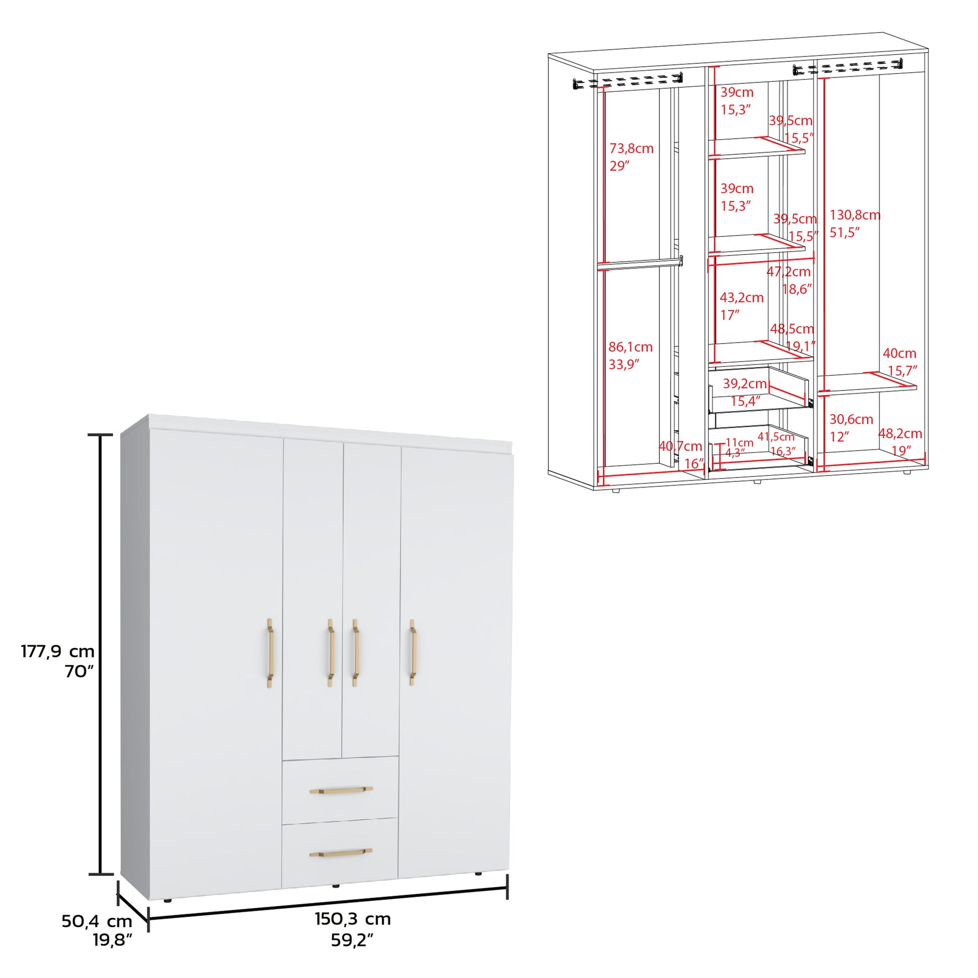 Bariloche Wardrobe, Multi Section Storage With Hanging Rods, Shelves, And 2 Drawers White Bedroom Modern Particle Board