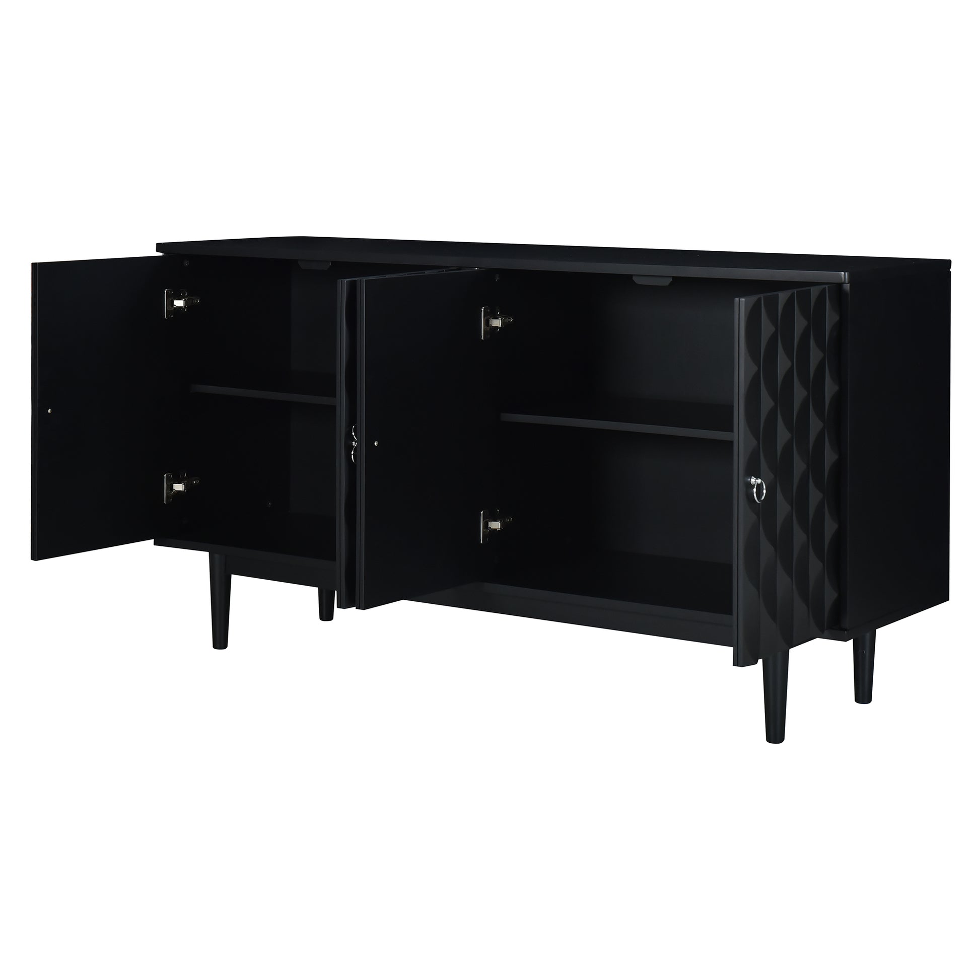 Modern 4 Door Sideboard With Convex Pattern Doors And 2 Silver Handle For Living Room, Dining Room, Kitchen Black Black Mdf