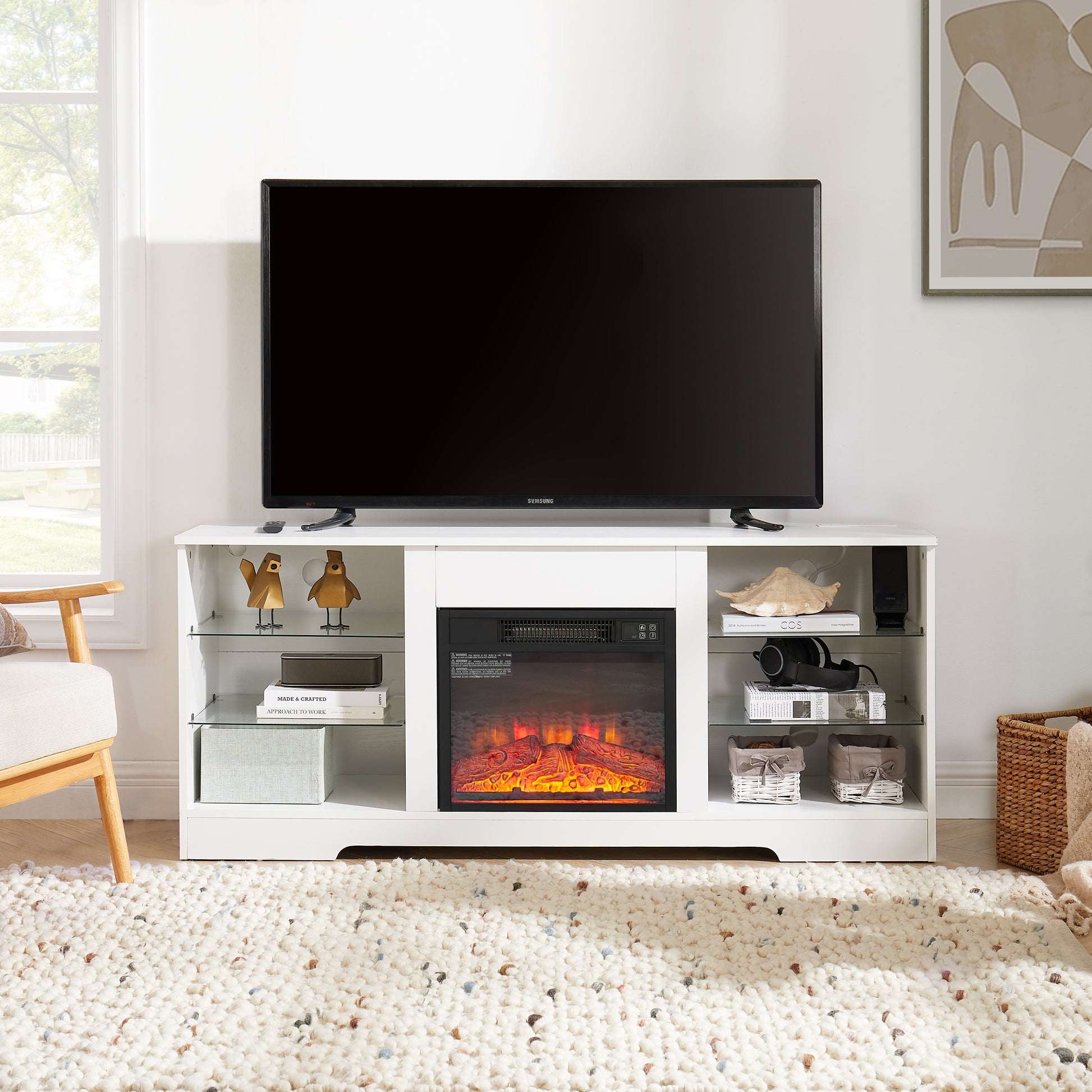 Tv Stand Electric Fireplace Glass Shelves, 3D Fireplace Tv Stand With Led Lights Wood With Usb Charging Outlet Modern Television Table Center For Tv Up To 62" White, 58''W*15.5''D*24.4 White 50 59