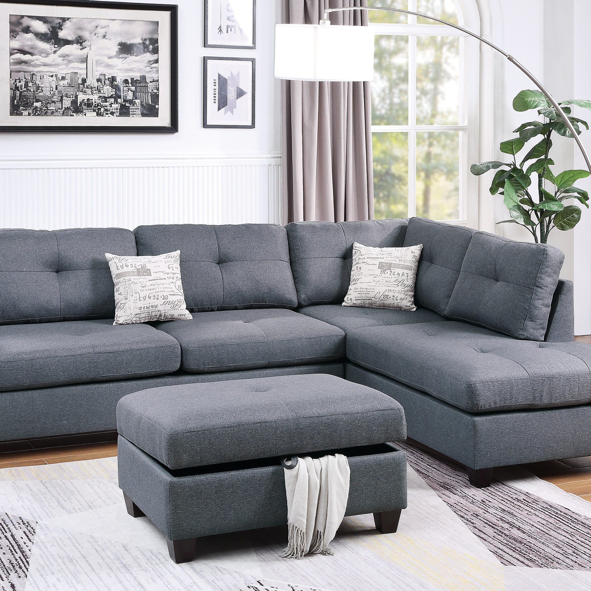 3 Pcs Sectional Sofa Blue Grey Polyfiber Cushion Sofa Chaise Ottoman Reversible Couch Pillows Blue Grey Wood Primary Living Space Tufted Back Contemporary,Modern L Shaped Rubberwood Particle Board 5 Seat