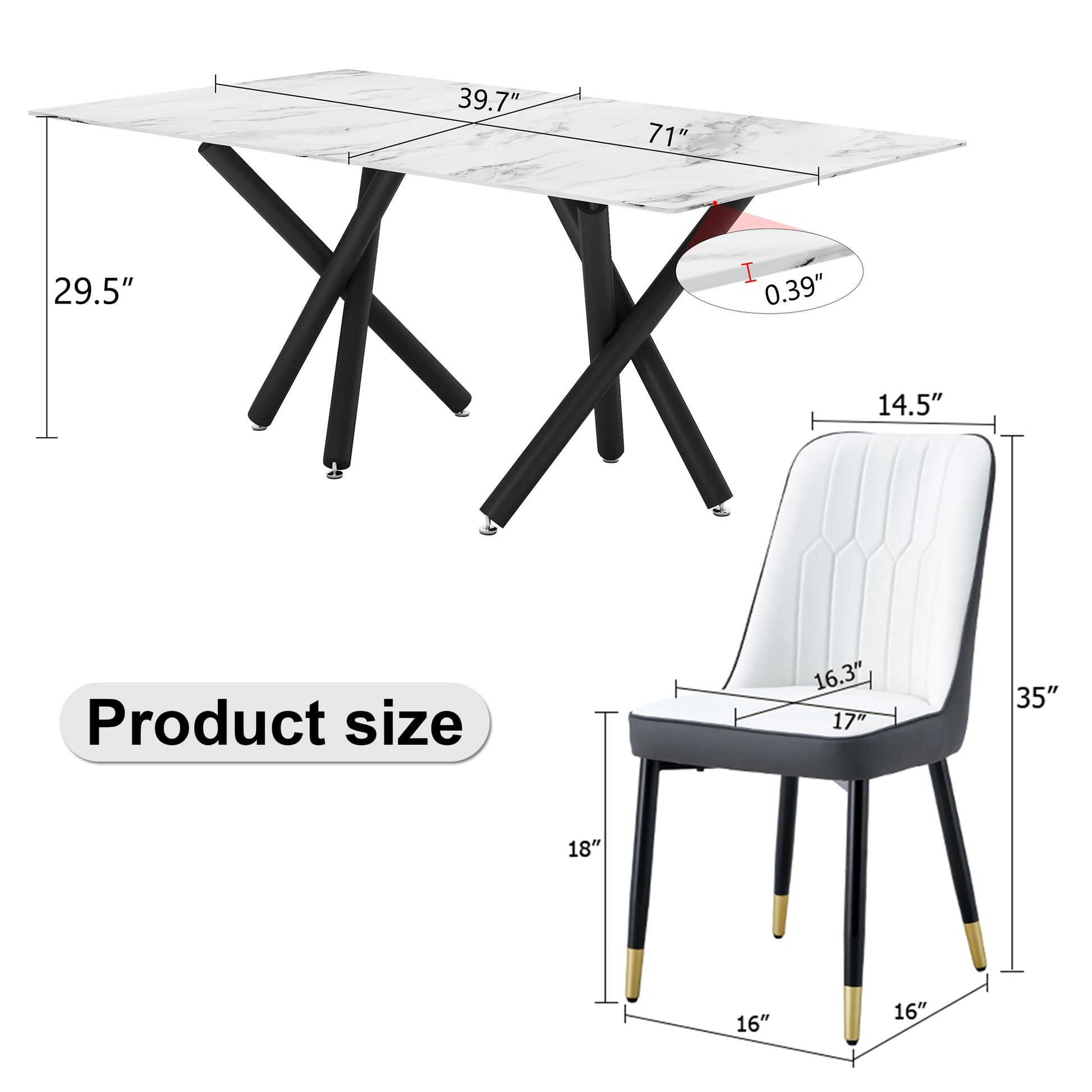 1 Table And 8 Chairs. A Rectangular Dining Table With A White Imitation Marble Tabletop And Black Metal Legs. Paired With 8 Chairs, Equipped With Pu Leather Seat Cushions And Black Metal Legs. F 1538 Black Glass Metal