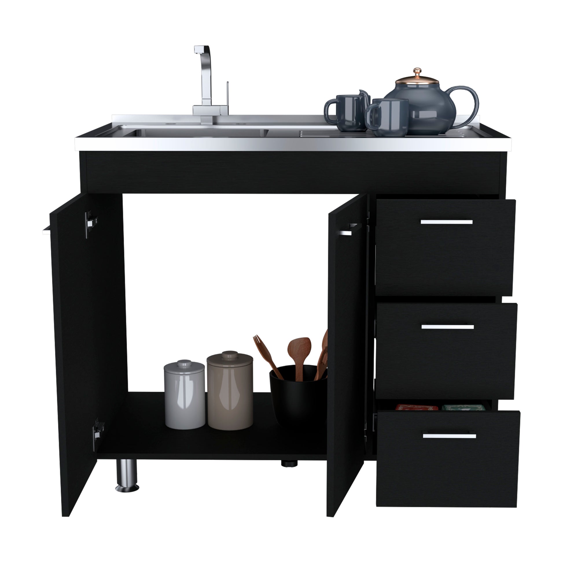 Ferretti Utility Sink With Three Drawers And Double Door Cabinet Black Kitchen Shelves Included Modern Particle Board