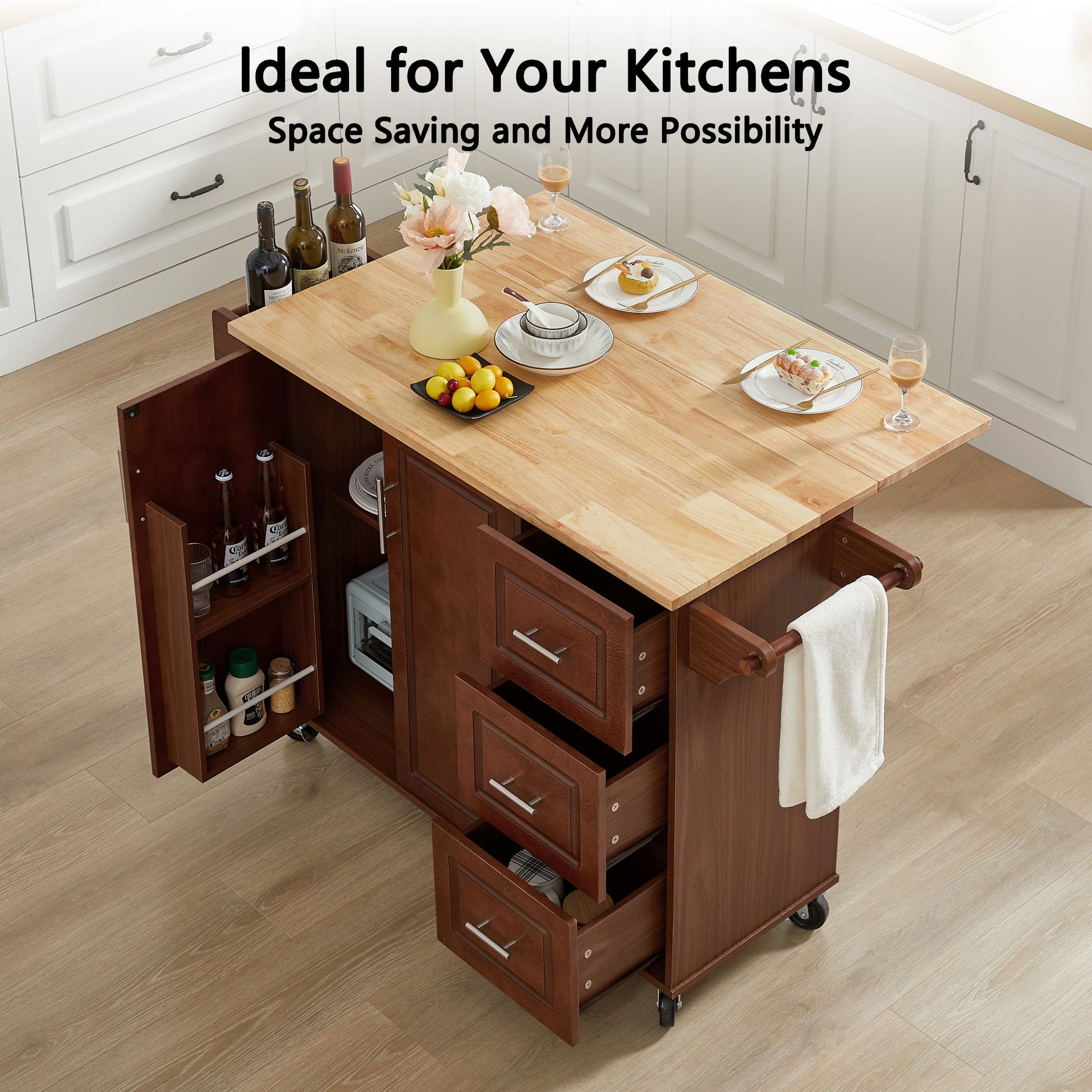 Kitchen Island With Drop Leaf Countertop, Rolling Kitchen Island Cartbarn Door Kitchen Island Table With Storage Cabinet And Tower Rack, Island Table On Wheels For Kitchen, Retro Brown Brown Brown Dining Room Rectangular Kitchen Carts Particle Board