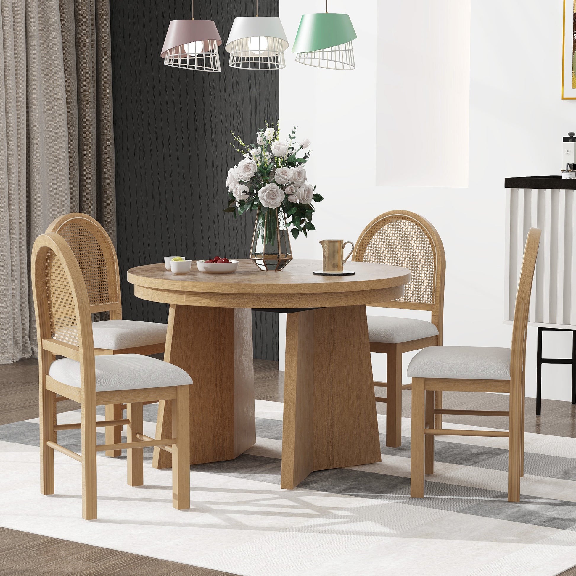 5 Piece Retro Functional Dining Set With 1 Extendable Dining Table And 4 Upholstered Chairs With Rattan Backrests For Dining Room And Kitchen Natural Wood Wash Natural Wood Wash Solid Wood Mdf