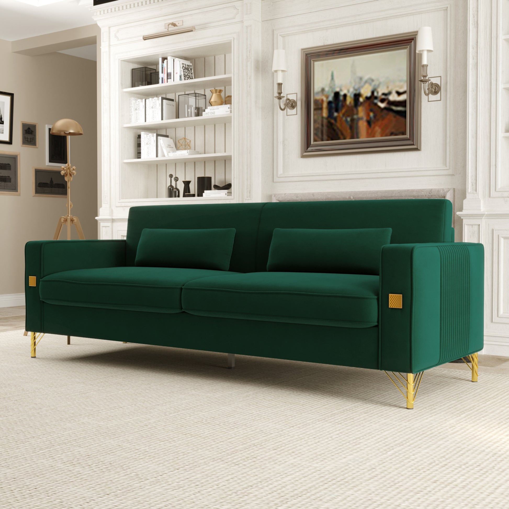 Fx P18 Rg2 Sofa Luxury Emerald Green Velvet Sofa With Gold Accents Modern 3 Seat Couch With Plush Cushions, Perfect For Living Room And Office Decor Retro Green Velvet 2 Seat