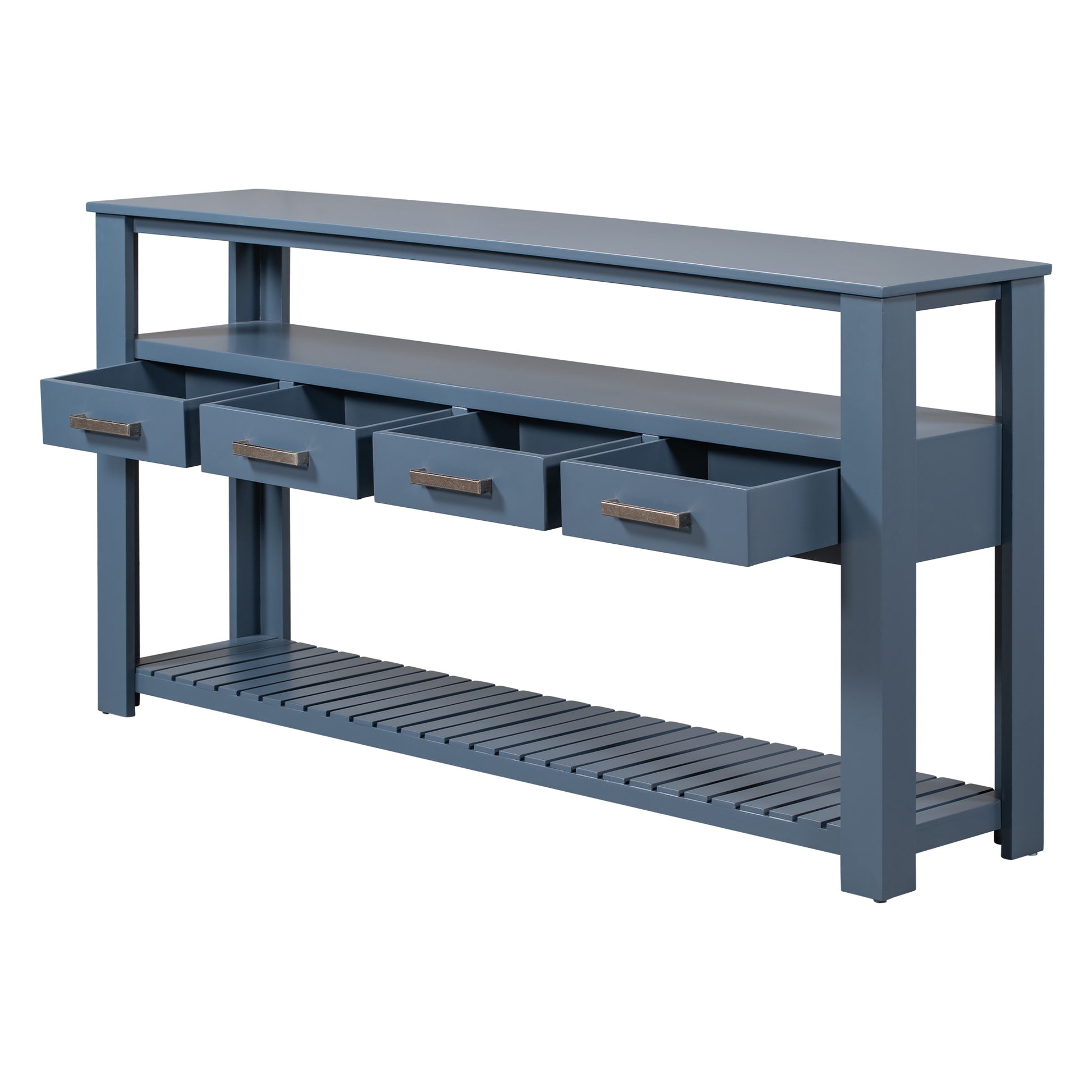 62.2'' Modern Console Table Sofa Table For Living Room With 4 Drawers And 2 Shelves Navy Blue Solid Wood Mdf