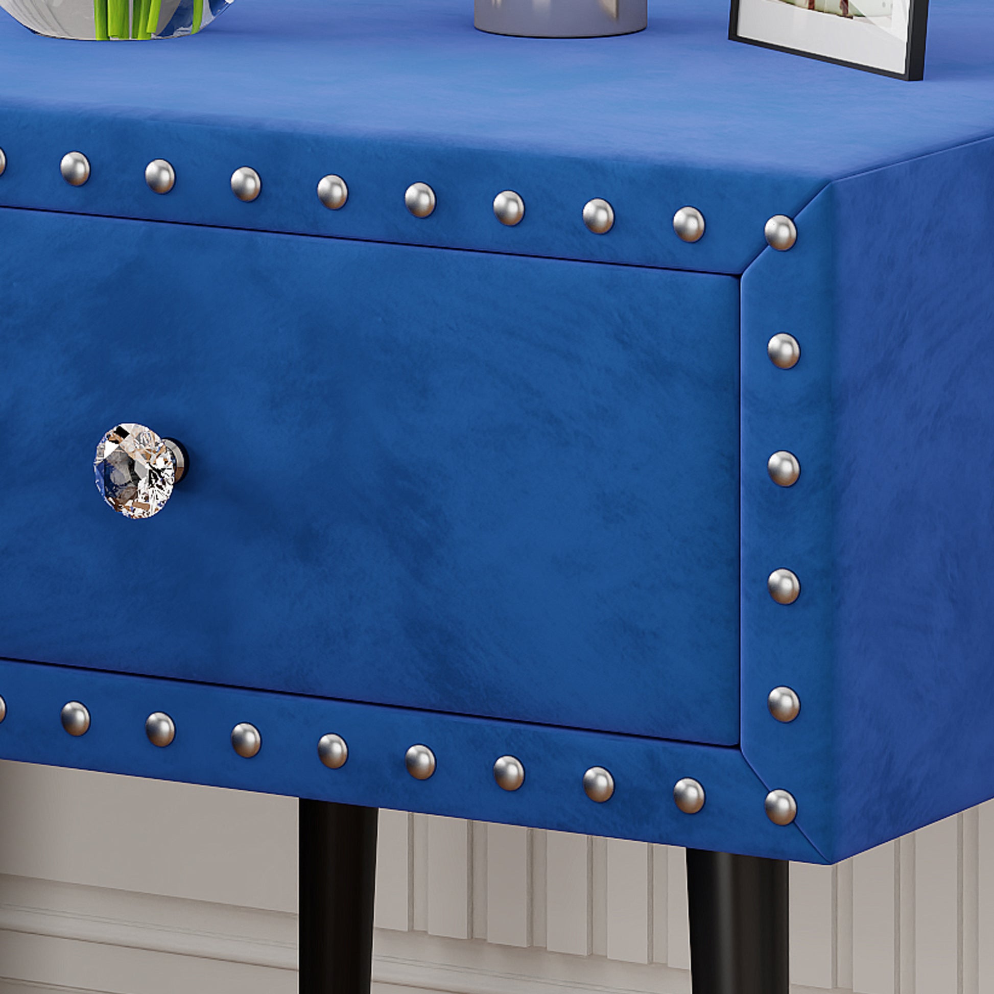 Modern Nightstands Set Of 2 With Drawer And Crystal Handle, Elegant Rivet Velvet Design Bedside Table For Bedroom, Blue Blue 1 Drawer Bedside Cabinet Mdf