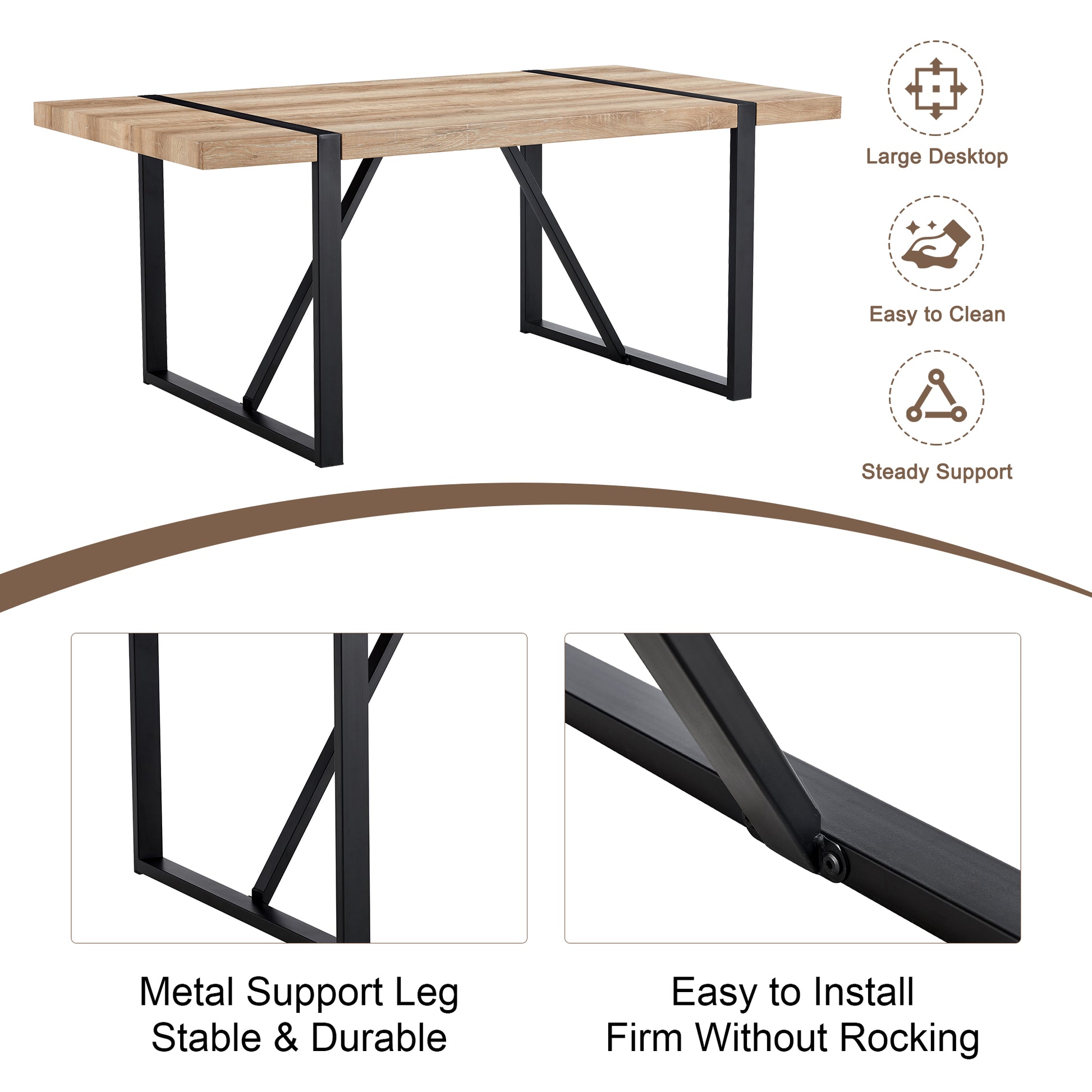 Table And Chair Set, Textured Top In Vintage Wood Color, Black Metal Legs. Dining Chair With White Faux Leather Backrest Cushion With Black Metal Legs. Wood Seats 6 Mdf Metal