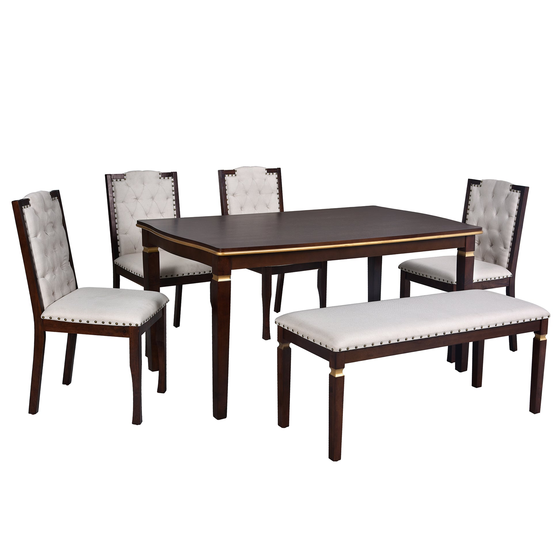 6 Piece Kitchen Dining Table Set, 60" Rectangular Table And 4 High Back Tufted Chairs & 1 Bench For Dining Room And Kitchen Espresso Upholstered Chair Espresso Seats 6 Solid Wood Classic,Modern 4