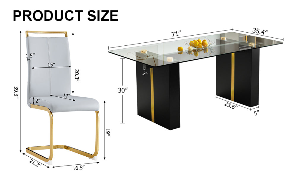 Table And Chair Set, Large Modern Minimalist Rectangular Glass Table, Can Accommodate 6 8 People, Equipped With Tempered Glass Tabletop And Large Mdf Table Legs, Comfortable And Minimalist Chairs. Transparent Glass