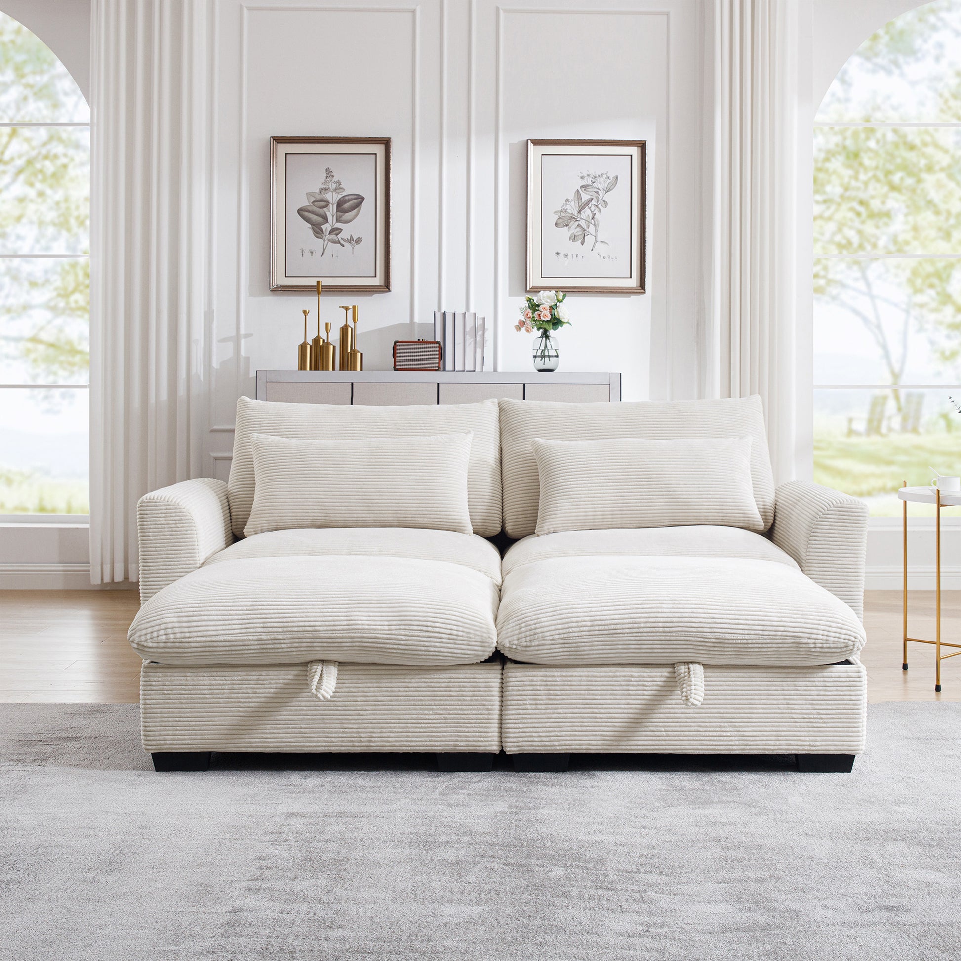 Corduroy Two Seater Sofa With 2 Storage Footrest, 2 Seater Sectional Deep Seat Sofa,Comfy Couches For Living Room ,Beige Sofa Beige Corduroy 2 Seat