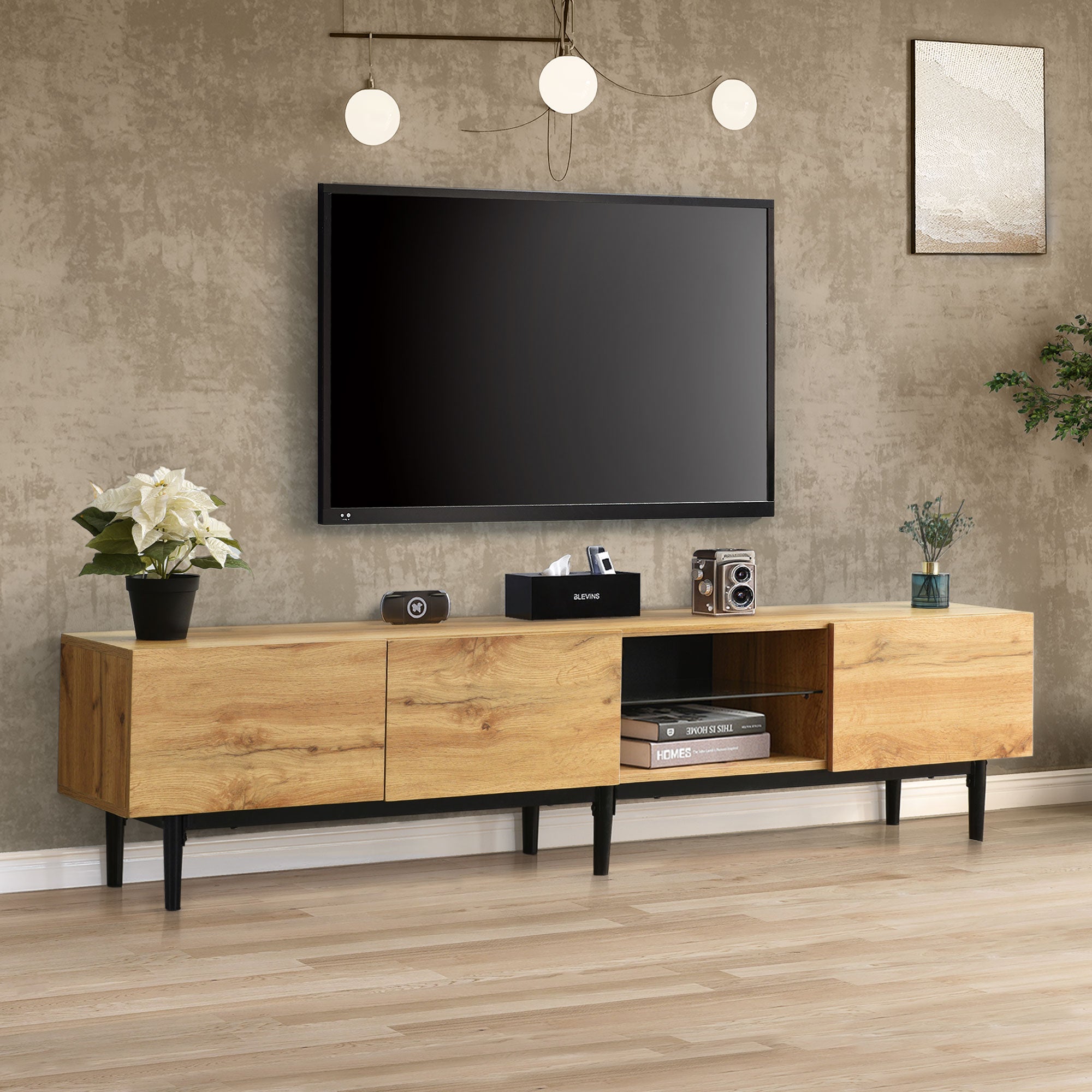 Modern Tv Stand With 4 Cabinets& Open Shelves, Color Matching Media Console Table For Tvs Up To 80'' With Led Light, Entertainment Center With Drop Down Door For Living Room, Bedroom, Home Theatre Wood Brown Primary Living Space 70 79 Inches 70 79 Inches