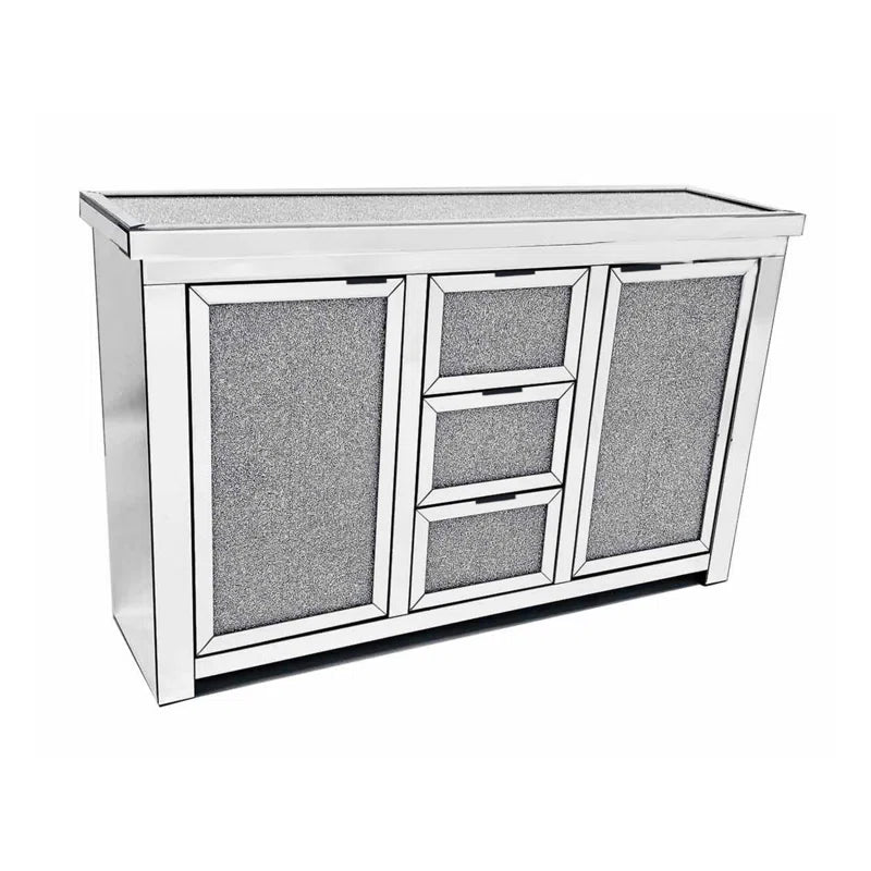 57" Wide 3 Drawer Mirrored Glass Sideboard Silver Kitchen Luxury,Modern Cabinets Included Mdf Glass,Mirror