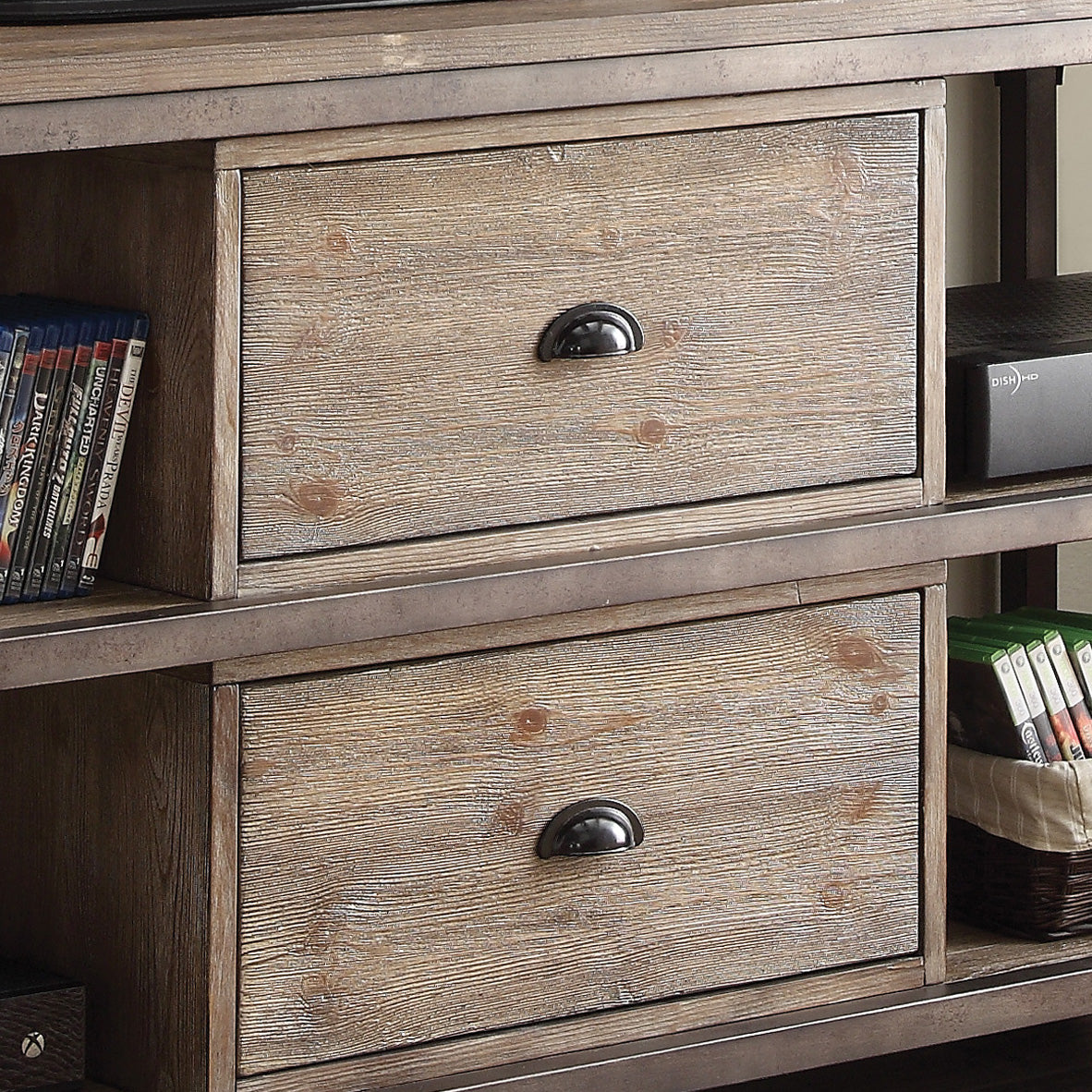 Weathered Oak And Antique Silver 4 Shelf Tv Stand Oak Silver 55 Inches Primary Living Space 50 59 Inches Modern 55 Inches Pine Wood