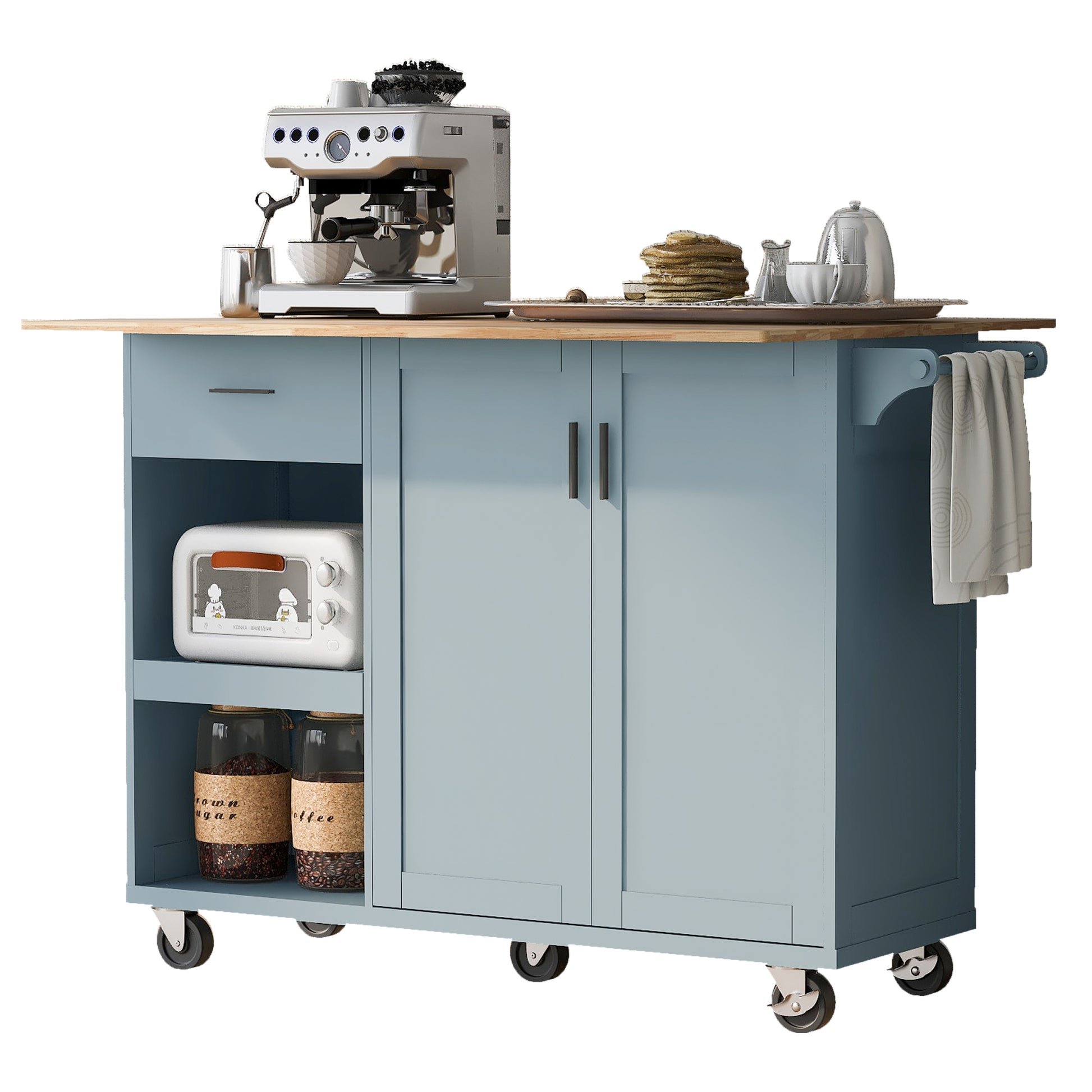 K&K Kitchen Island With Foldable Counter Top, Kitchen Storage Cart With Slide Out Shelf, Towel Rack And Drawer, Rolling Kitchen Cart On Wheels, For Kitchen, Living Room, Dining Room, Grey Blue Grey Blue Brown Kitchen Classic,Farmhouse,Luxury,Modern