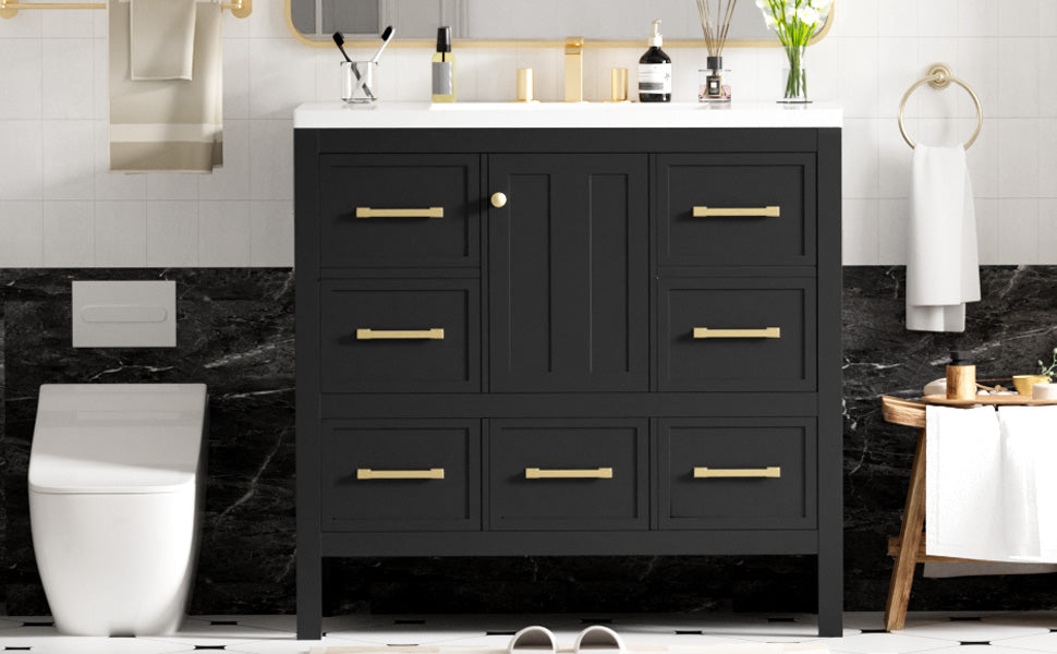 36'' Bathroom Vanity With Resin Sink Combo, Solid Wood Frame Bathroom Storage Cabinet, Freestanding Vanity Set With 5 Drawers& Soft Closing Doors Same As Sw000142Aab Black Bathroom Solid Wood Mdf Resin