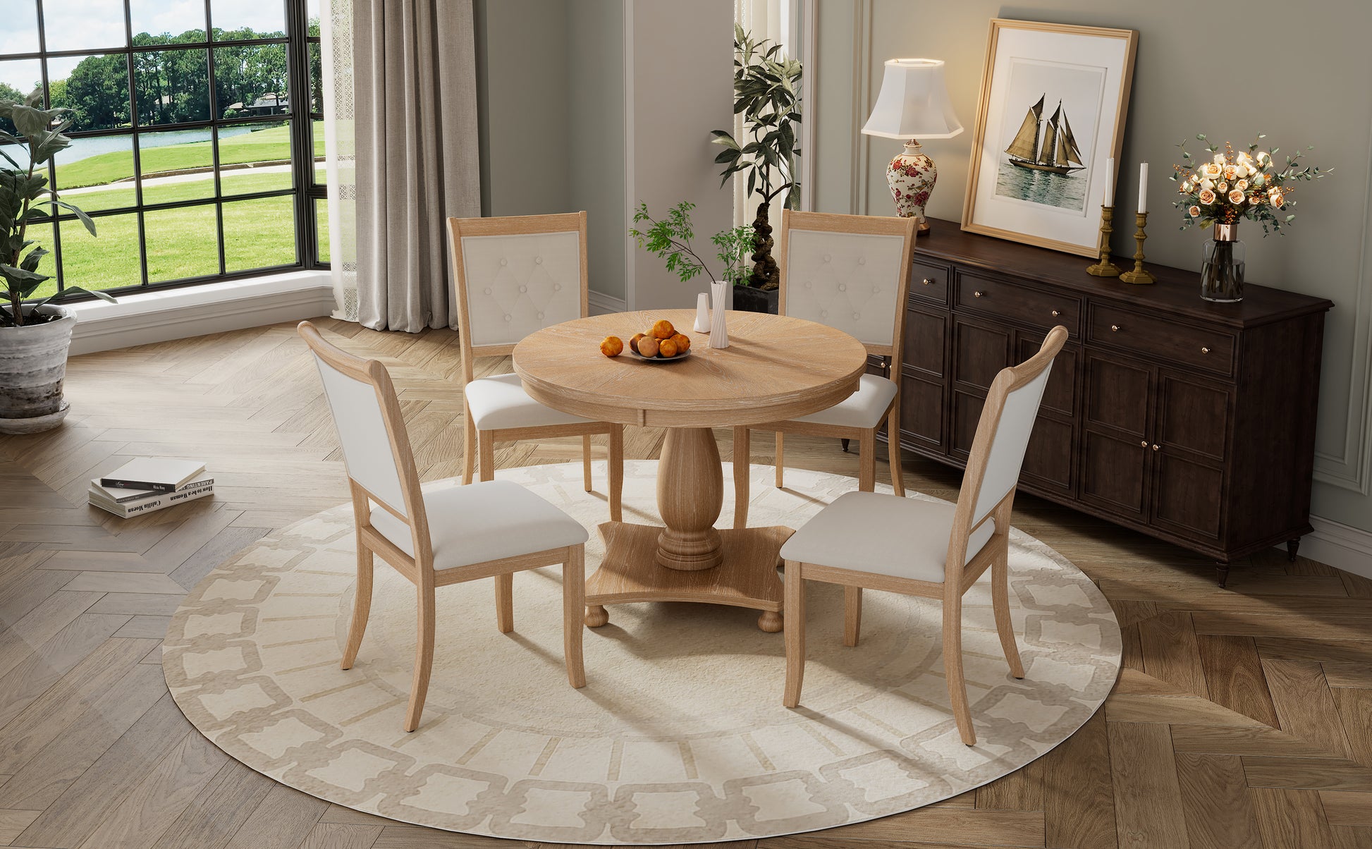 5 Piece Retro Dining Set, Round Table With Pedestal Table Base And 4 Upholstered Chairs For Dining Room And Kitchen Natural Wood Wash Natural Wood Wash Solid Wood Mdf