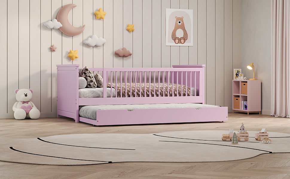 Wood Twin Size Platform Bed With Guardrail And Trundle, Pink Box Spring Not Required Twin Pink Wood Bed Frame Solid Wood Mdf