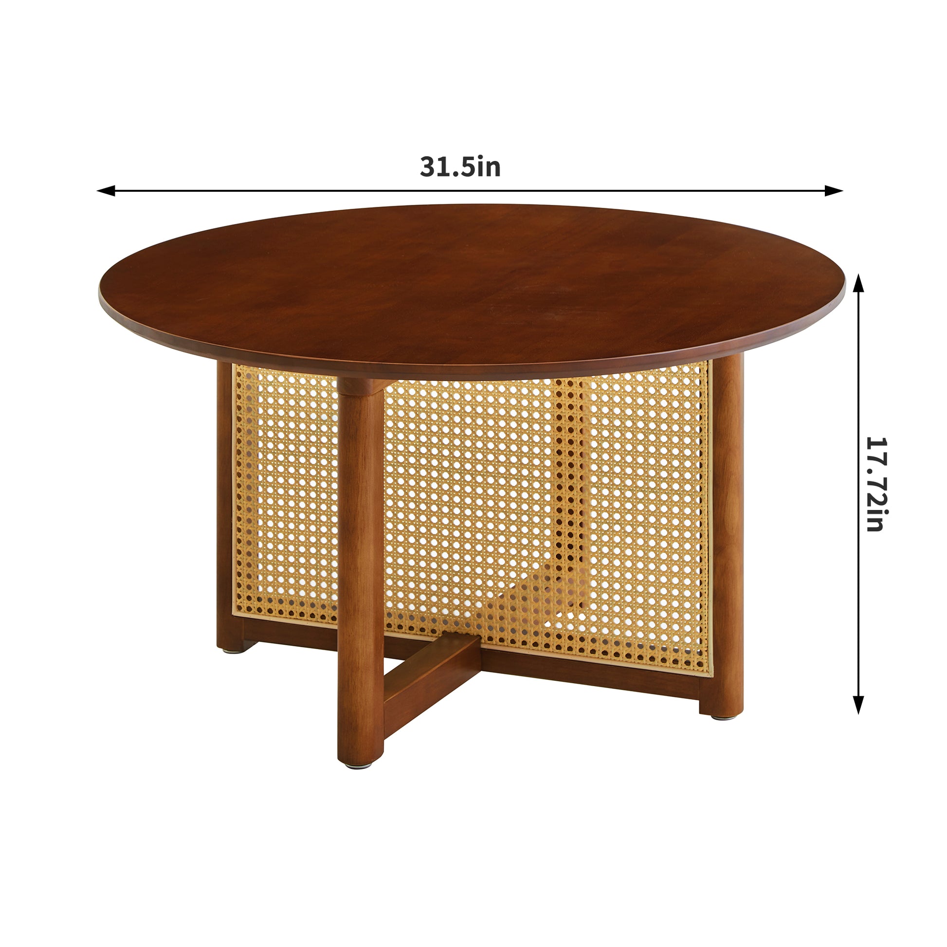 Mid Century Wooden Coffee Table With Pe Cane Stand, 31.5 Inch Round Solid Wood Bohemian Style Coffee Table, Unique Central Cocktail Table For Living Rooms, Apartments And Offices Walnut Rubber Wood