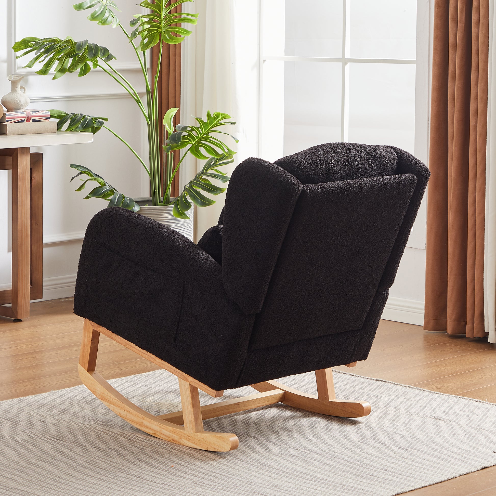 27.2"W Modern Accent High Backrest Living Room Lounge Arm Rocking Chair, Two Side Pocket Black Foam Fabric
