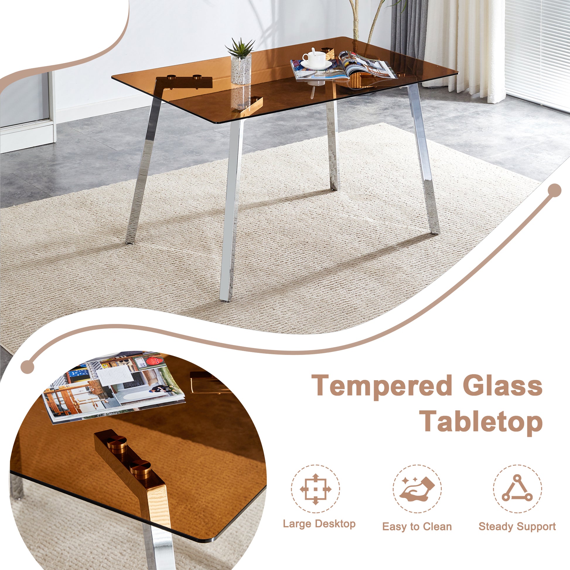 Table And Chair Set.Large Modern Rectangular Table With Brown Glass Top And Silver Metal Legs. Paired With 4 Black Chairs With Checkered Armless High Back Pu Cushion And Silver Metal Legs. Black,Silver Seats 4 Glass Metal