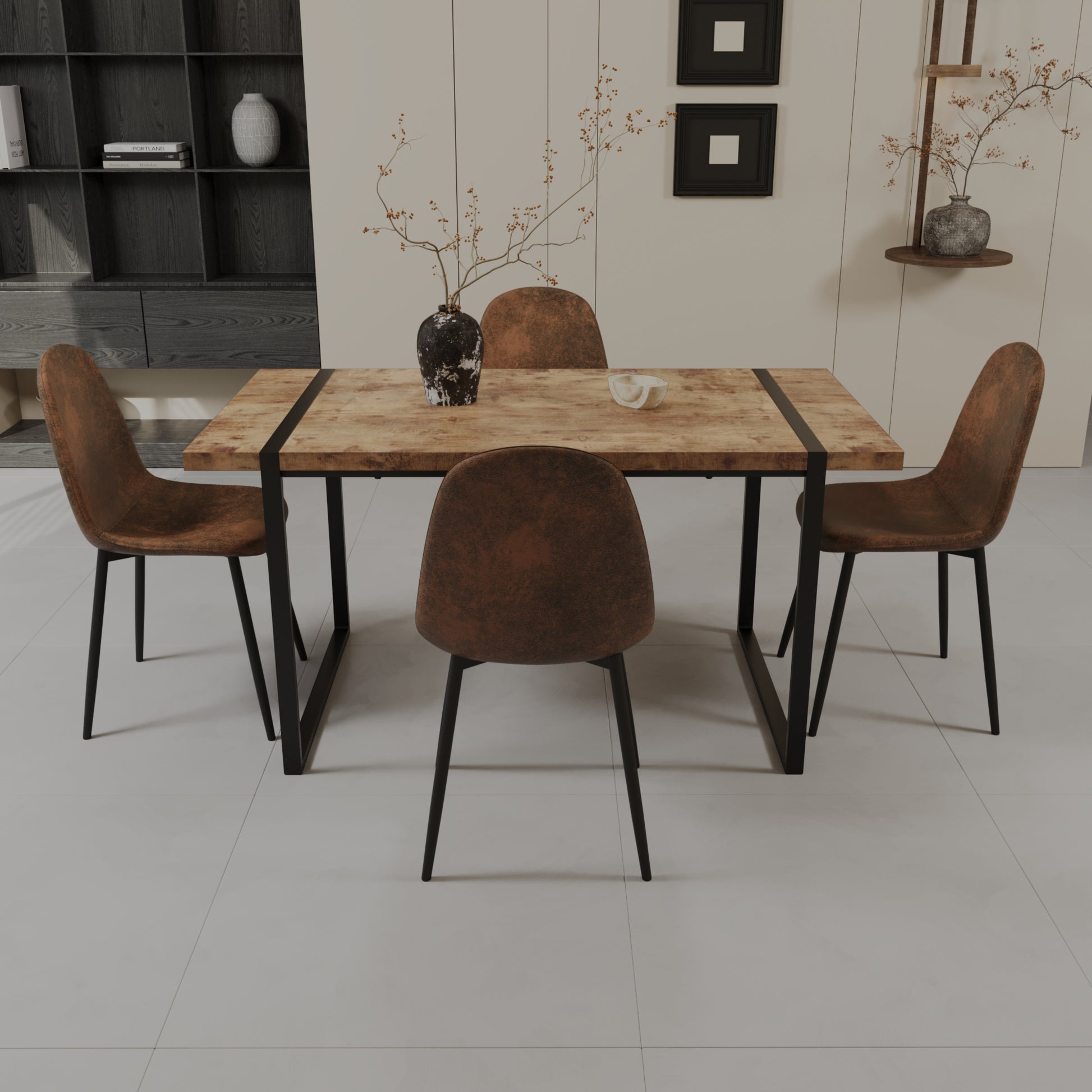 Mdf Light Wood Dining Table And Modern Dining Chair Set Of 4 Pieces, Medieval Wooden Kitchen Dining Table Set, Black Rectangular Metal Base, Dining Table And Suede Chair Set Brown Mdf