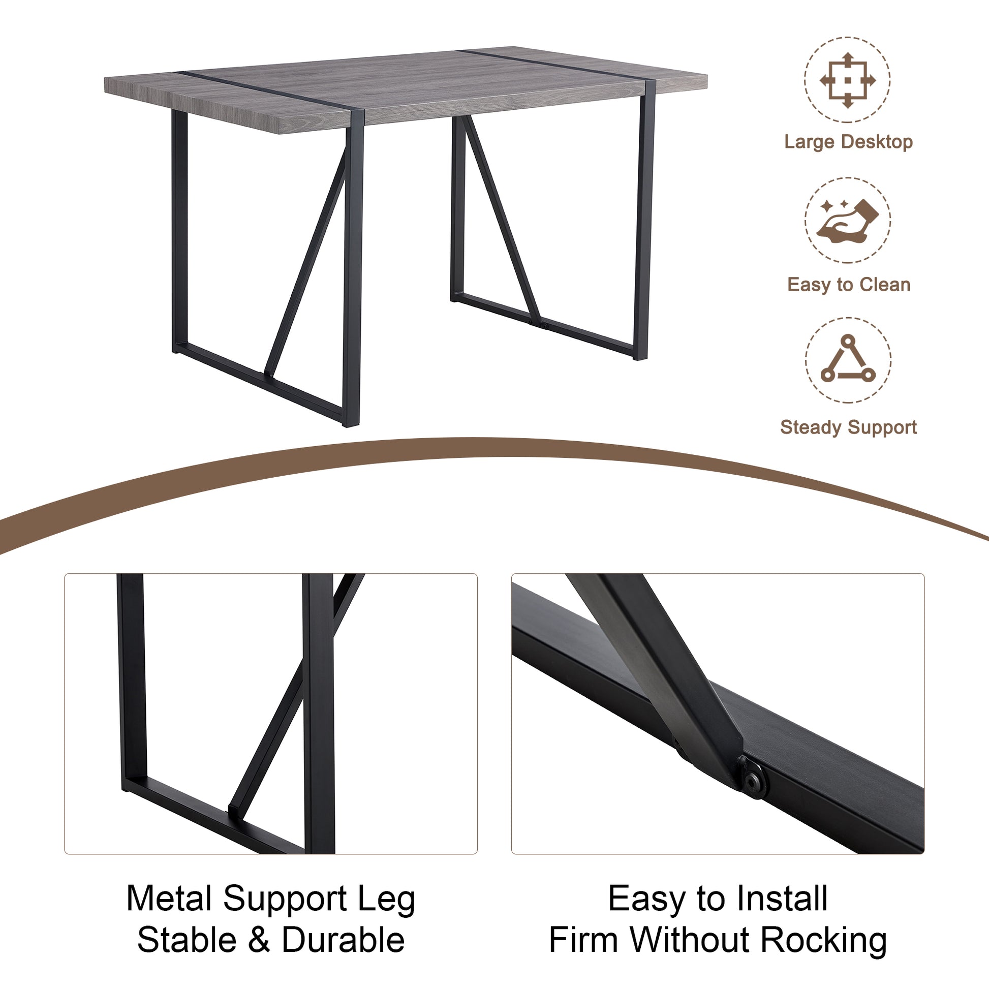 Table And Chair Set, Textured Top In Vintage Retro Grey Wood Grain Desktop, Black Metal Legs. Dining Chair With White Faux Leather Backrest Cushion With Black Metal Legs. Gray,Wood Seats 6 Mdf Metal