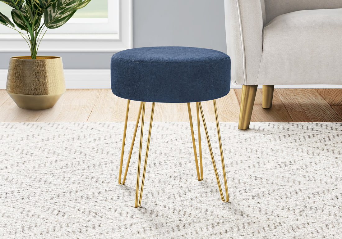 Ottoman, Pouf, Footrest, Foot Stool, 14" Round, Blue Fabric, Gold Metal Legs, Contemporary, Modern Blue Foam Polyester