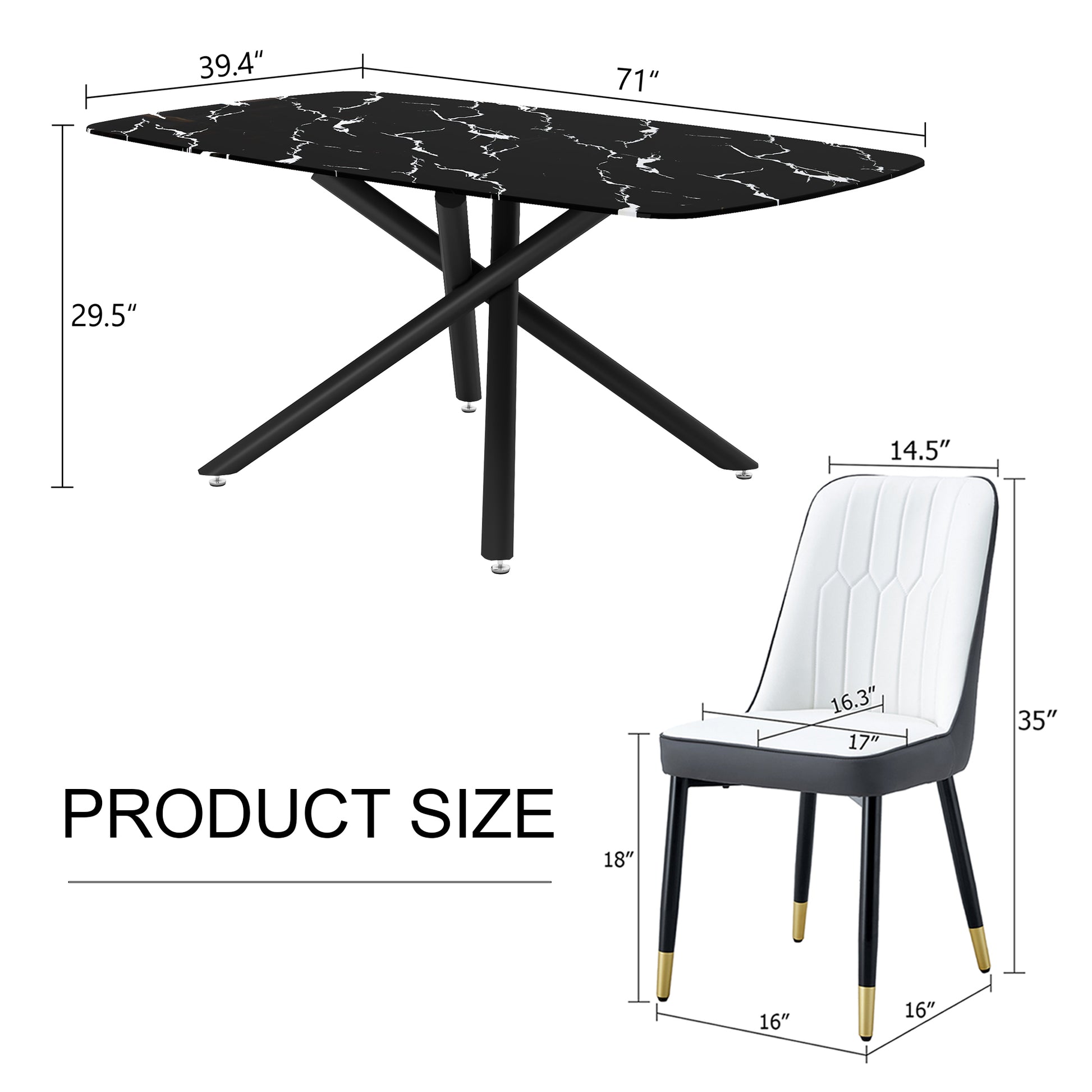 1 Table And 8 Chairs Set.A Rectangular Dining Table With A Imitation Marble Black Table Top And Black Metal Legs.Paired With 8 Chairs With Pu Leather Seat Cushion And Black Metal Legs.F 1537,C 007 Black Glass Metal