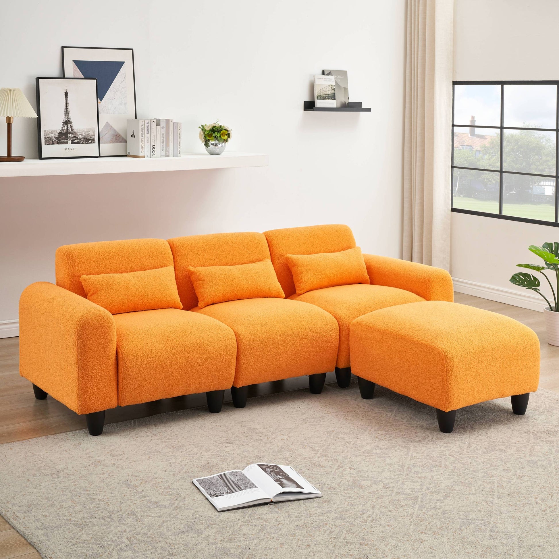 The 84.6 Inch Orange Teddy Fleece Creative Sofa Can Be Assembled Into A Two Seater Sofa With A Single Couch With Three Waist Pillows To Perfectly Stretch Your Waist For Small Apartment Bedroom Spaces Orange Polyester Blend 4 Seat