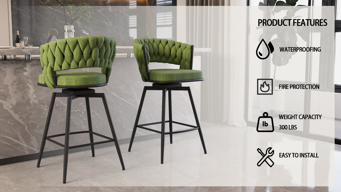 Bar Chair Suede Woven Bar Stool Set Of 4,Black Legs Barstools No Adjustable Kitchen Island Chairs,360 Swivel Bar Stools Upholstered Bar Chair Counter Stool Arm Chairs With Back Footrest, Green Metal Green Kitchen Dining Chairs Foam Technical Leather