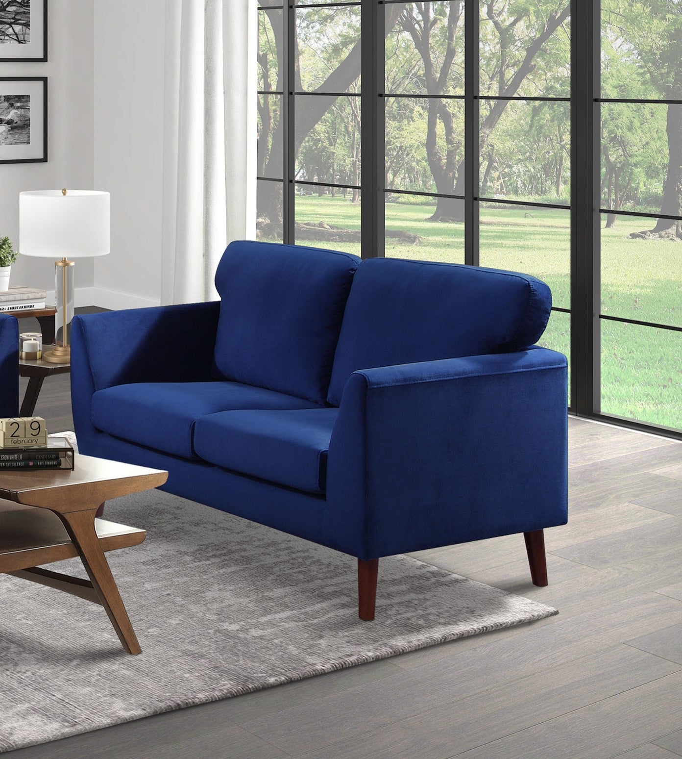 Modern Contemporary 2Pc Sofa Set Blue Sofa Loveseat Velvet Upholstery Dark Brown Legs Solid Wood Living Room Furniture Blue Velvet Wood Primary Living Space Modern Solid Wood 5 Seat