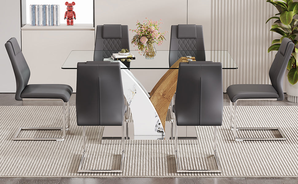 Table And Chair Set.Modern Dining Table, Tempered Glass Countertop With Artistic Mdf Legs.Paried With 6 Comfortable Chairs With Pu Seats And Metal Legs. Suitable For Various Decoration Styles. Gray,Transparent Seats 6 Mdf Glass