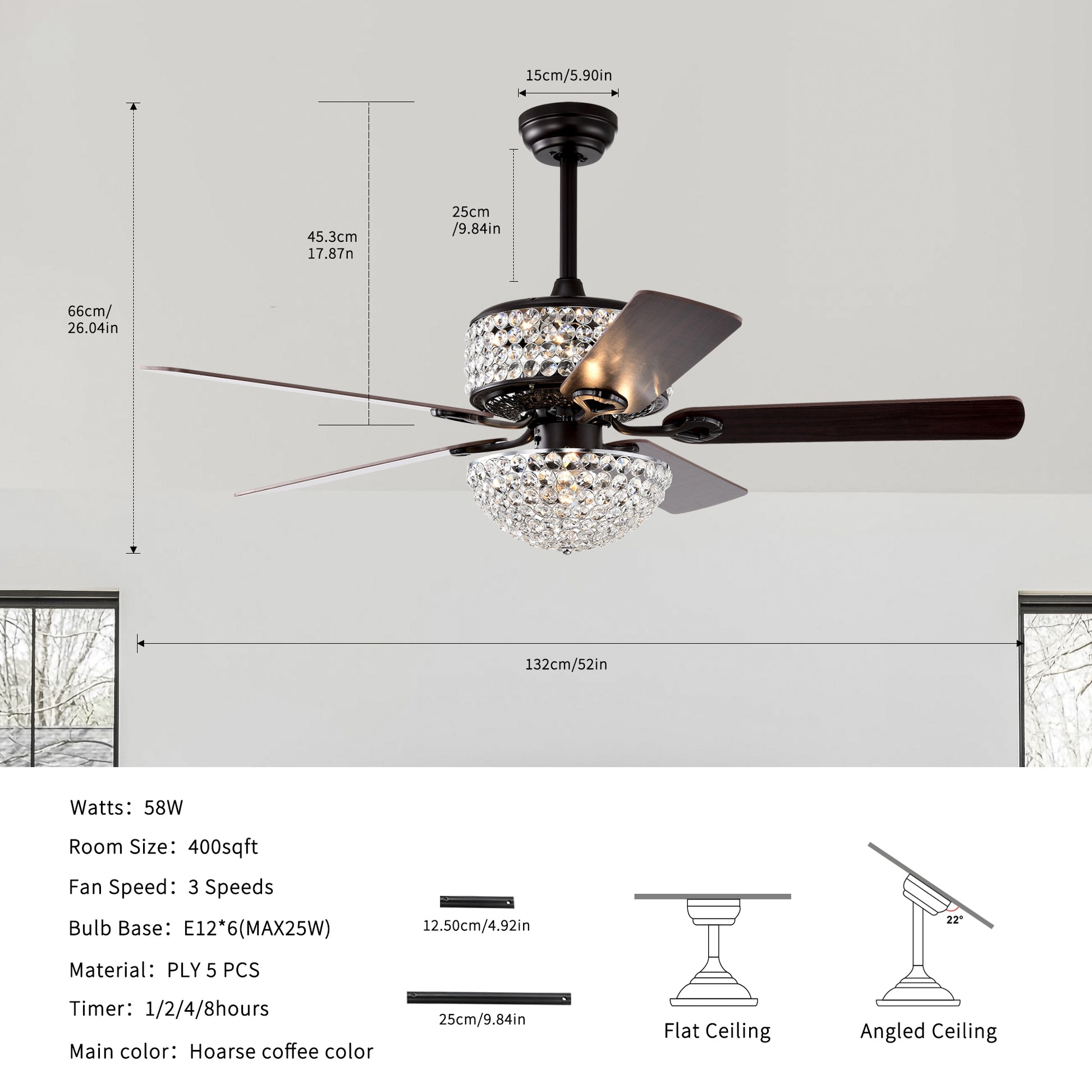 52 Inch Dual Crystal Shade Ceiling Fan With 5 Wood Blades, Two Color Fan Blade, Ac Motor, Remote Control, Reversible Airflow, Multi Speed, Adjustable Height, Traditional Ceiling Fa No Include Bulbs Matt Black American Design,American